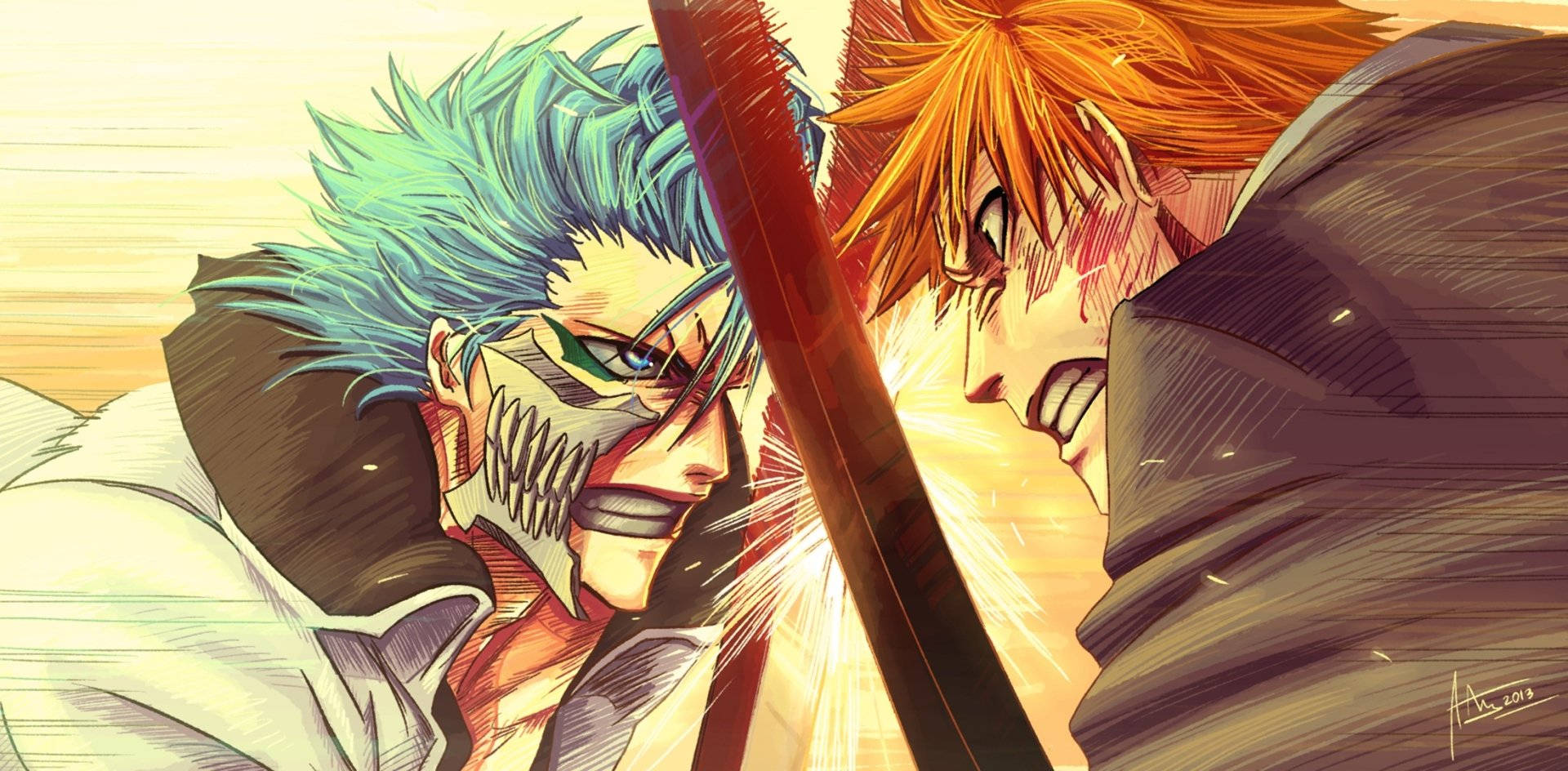 Ichigo Kurosaki 桌布 壁紙 — 兩位動漫戰士在激烈的戰鬥中刀劍相撞，表情強烈，動態線條流暢。