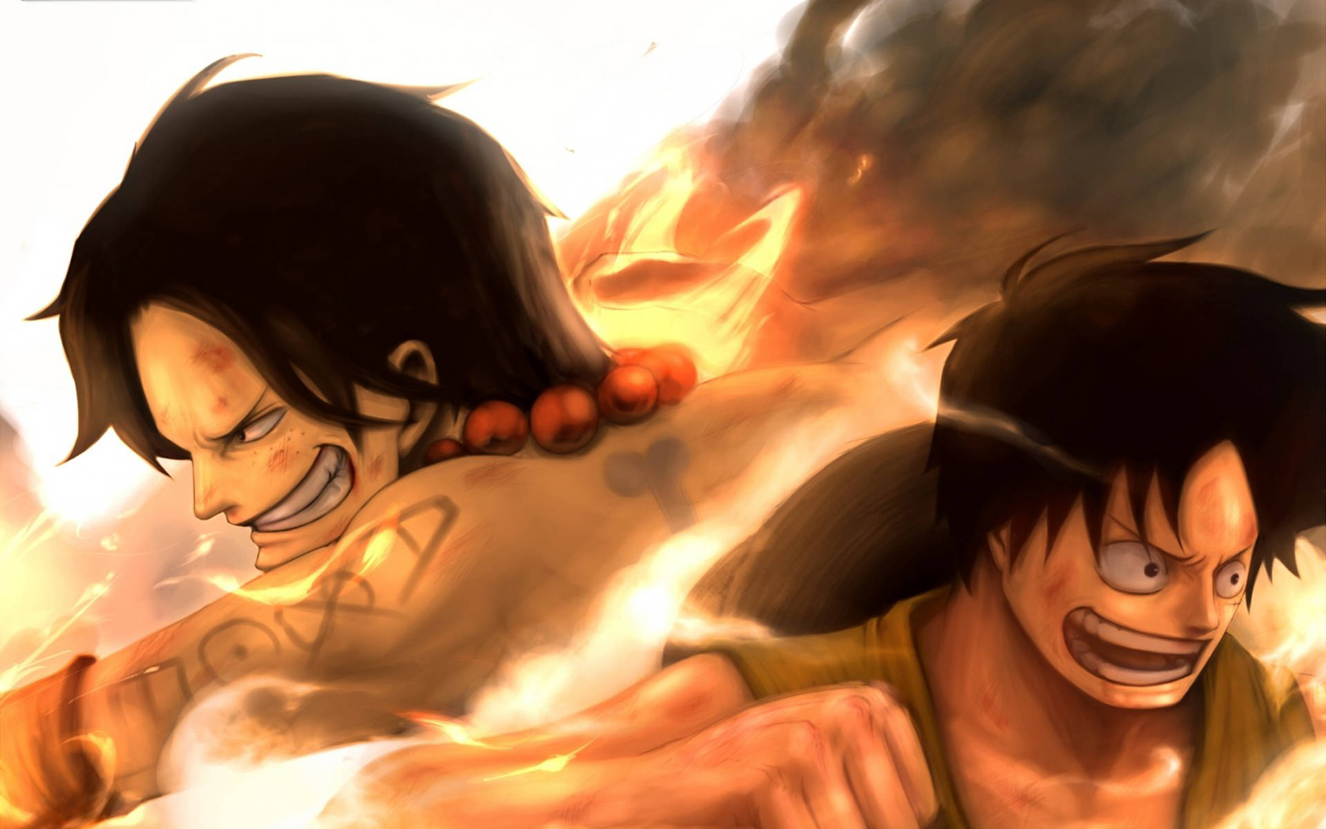 luffy 4K 桌布 壁紙 — 兩位動漫戰士在激烈的戰鬥中碰撞，表情強烈，周圍環繞著發光的能量。