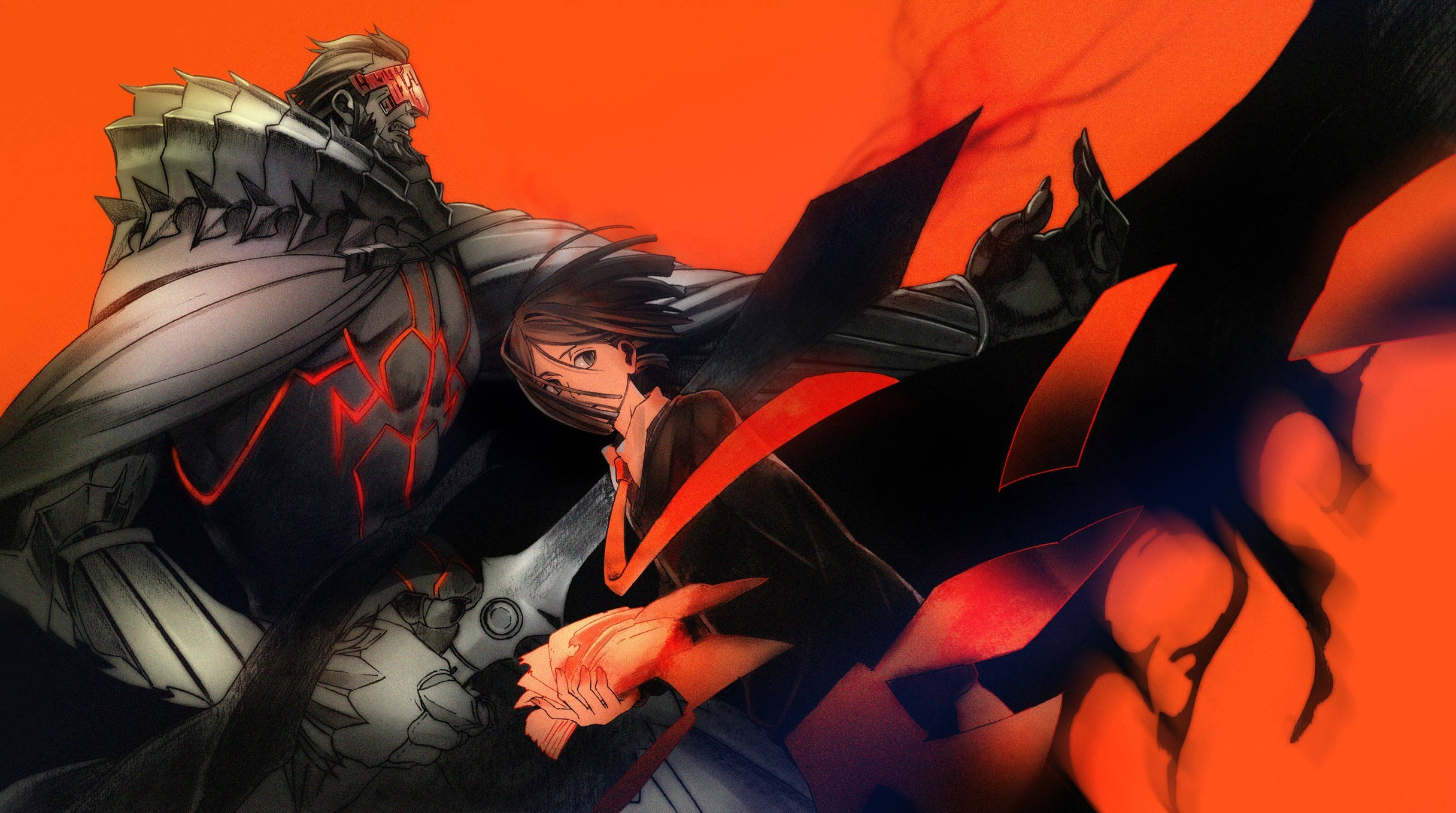 Fate Zero 桌布 壁紙 — 兩位動漫戰士在火熱的橙色背景和戲劇性的紅色能量效果中激烈交戰。