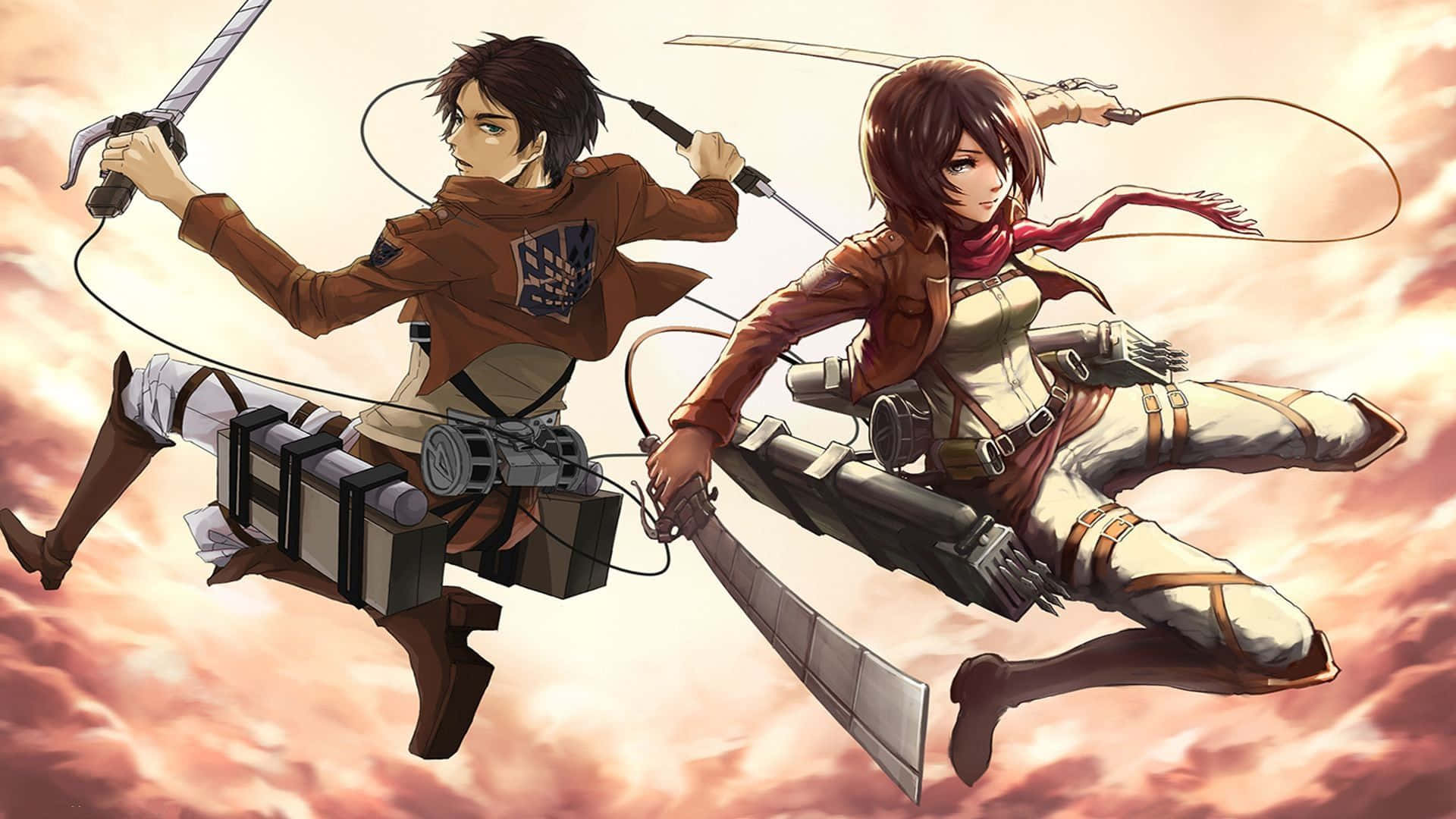 Attack On Titan Season 3 桌布 壁紙 — 兩位動漫戰士在火紅的天空中翱翔，揮舞著劍並運用裝備進行機動。