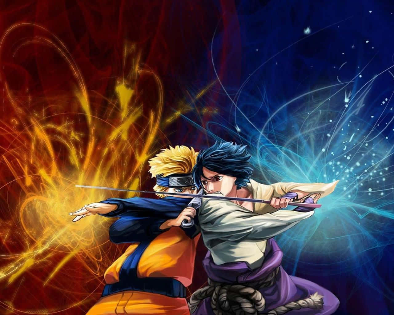 Manga Characters 桌布 壁紙 — 兩位動漫戰士在熾熱橙色與冰冷藍色的能量風暴中激烈碰撞，表情強烈，動作動感十足。