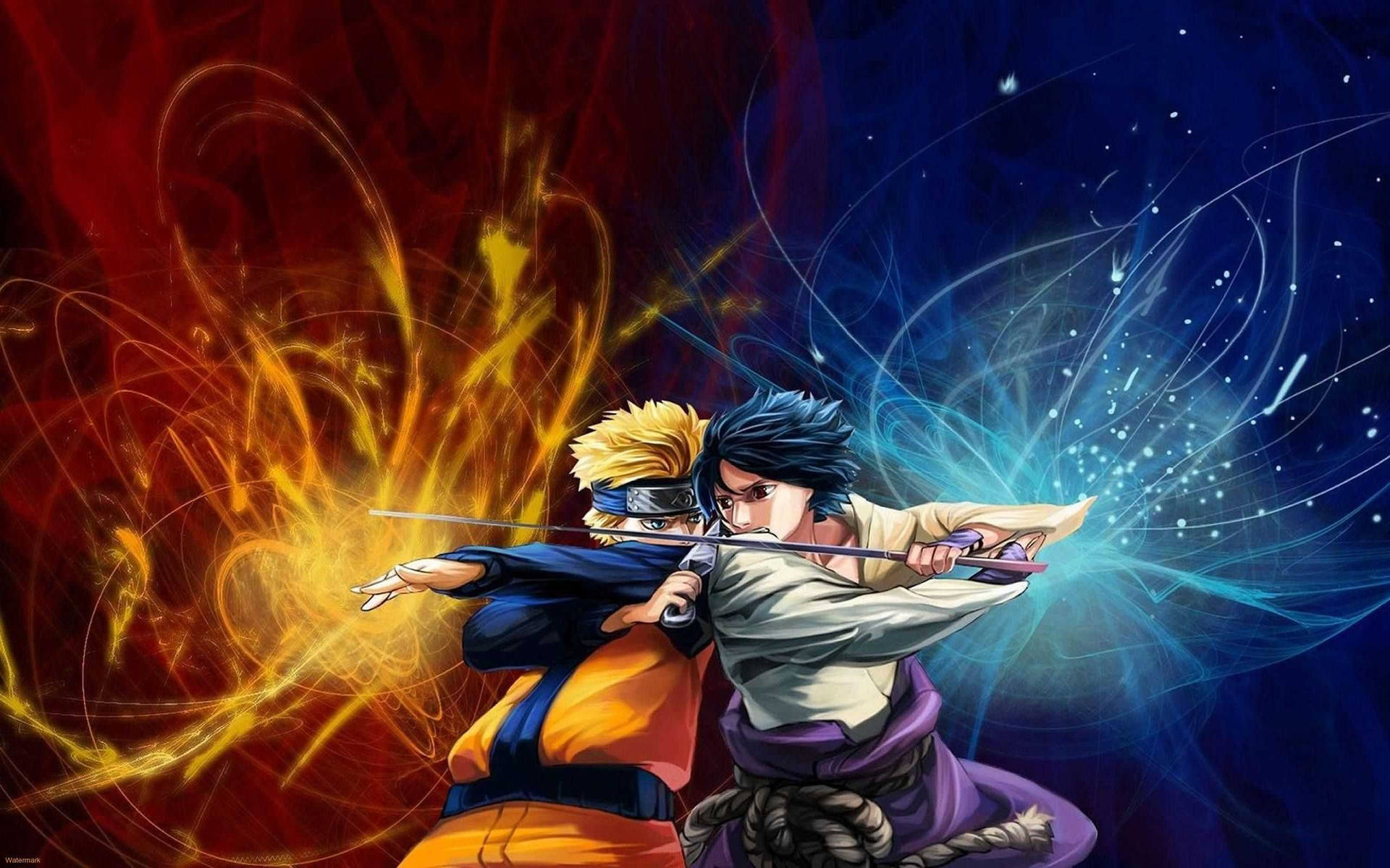 兩位動漫角色在劍鬥中，帶有熾熱與冰冷能量效果。 — 酷 naruto 壁紙
