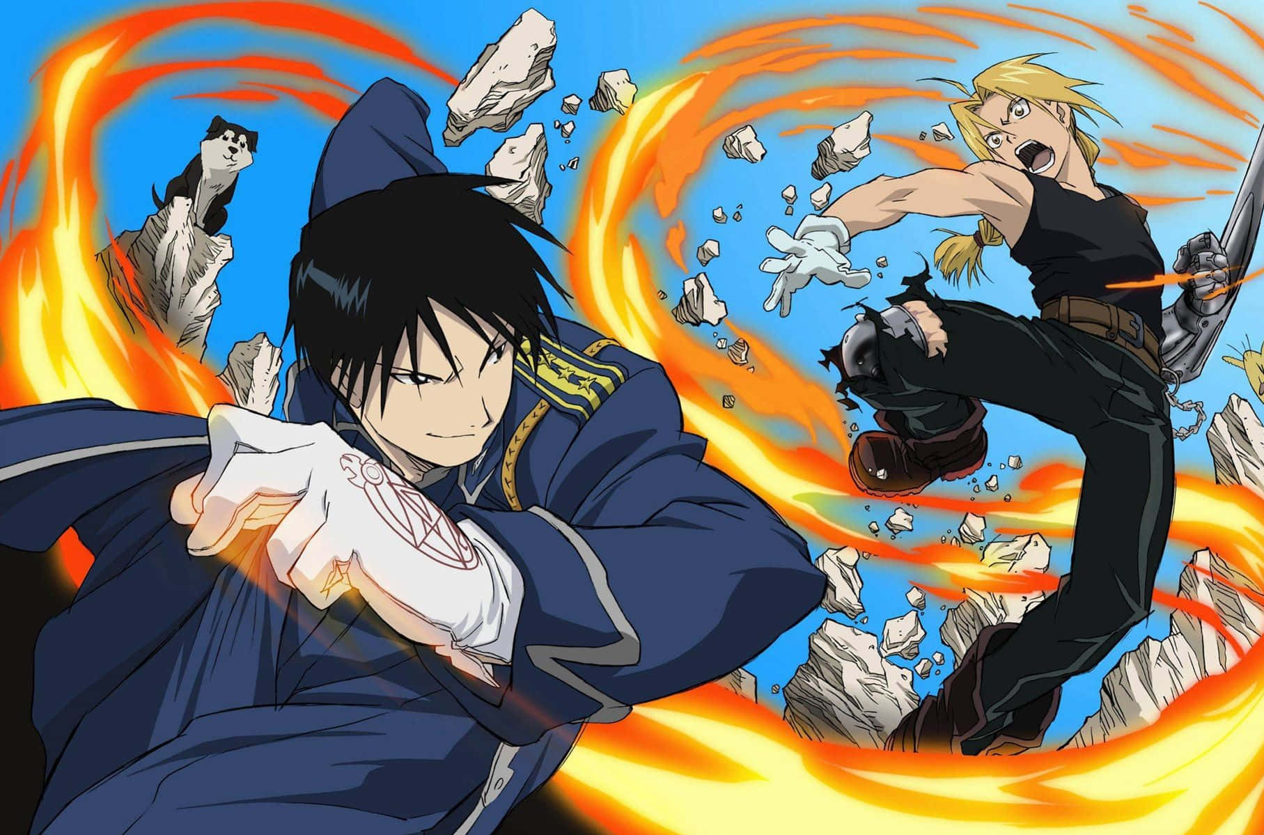 edward elric 桌布 壁紙 — 兩位動漫戰士在熾熱的動作中碰撞，岩石在他們周圍爆炸，背景是明亮的藍天。