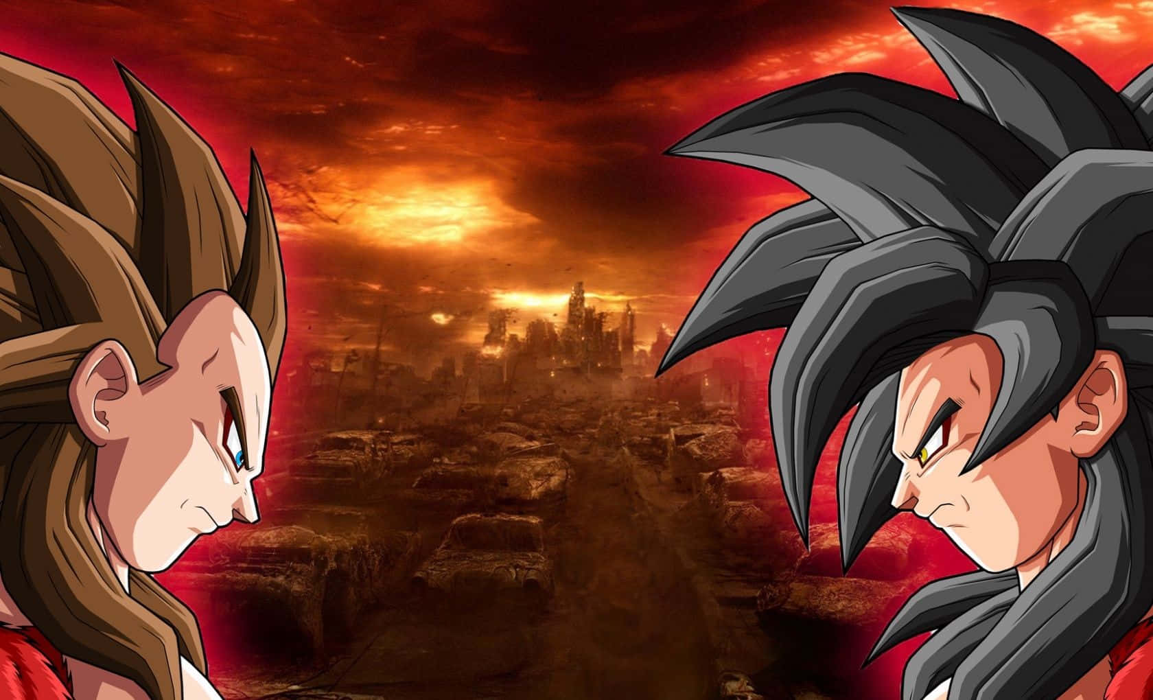 Vegeta And Goku 桌布 壁紙 — 兩位動漫戰士在熾熱的夕陽下，於廢墟城市景觀中對峙，表情激烈。