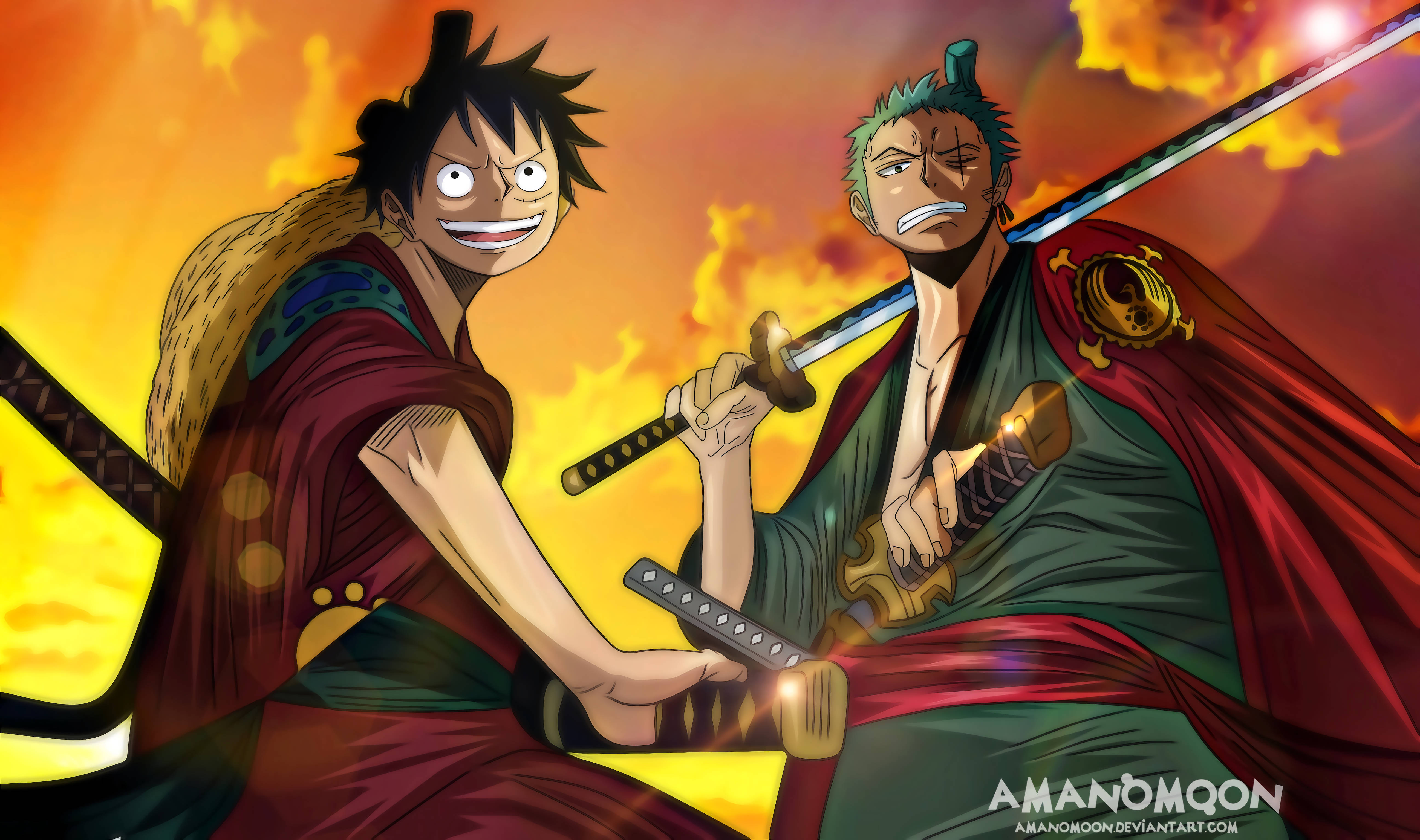 Wano 桌布 壁紙 — 兩位動漫戰士在熾熱的夕陽天空下揮劍交鋒，表情激烈，姿勢充滿動感。