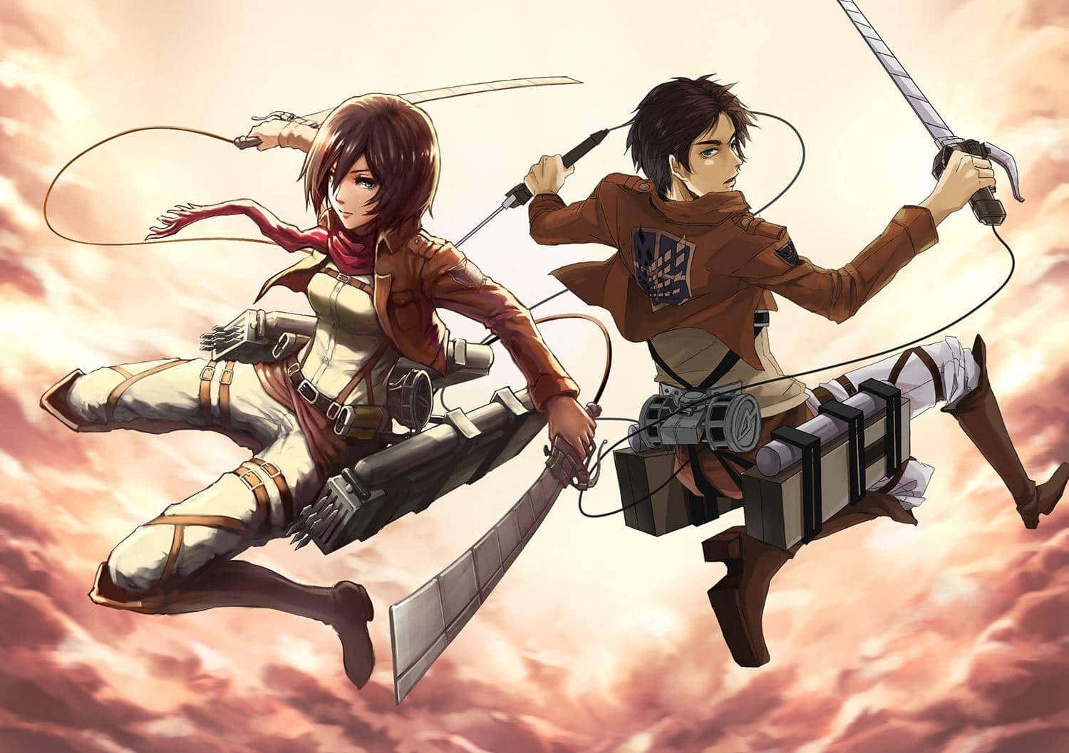 Attack On Titan Season 3 桌布 壁紙 — 兩位動漫戰士在熾熱的天空中翱翔，揮舞著劍並運用裝備進行機動。