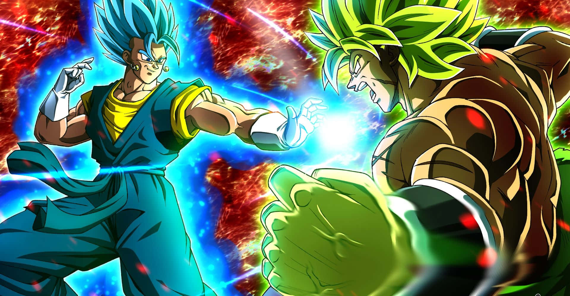 Saiyan 桌布 壁紙 — 兩位動漫戰士在熾熱的宇宙背景下，於耀眼的能量爆發中交鋒。