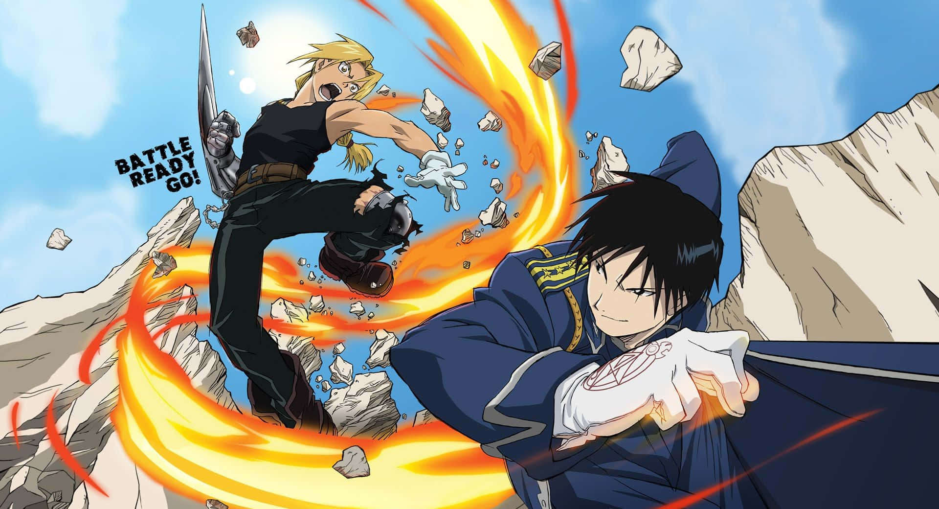 Fullmetal Alchemist 桌布 壁紙 — 兩位動漫戰士在熾熱的山地戰鬥中碰撞，岩石飛舞，其中一人發出戰吼。