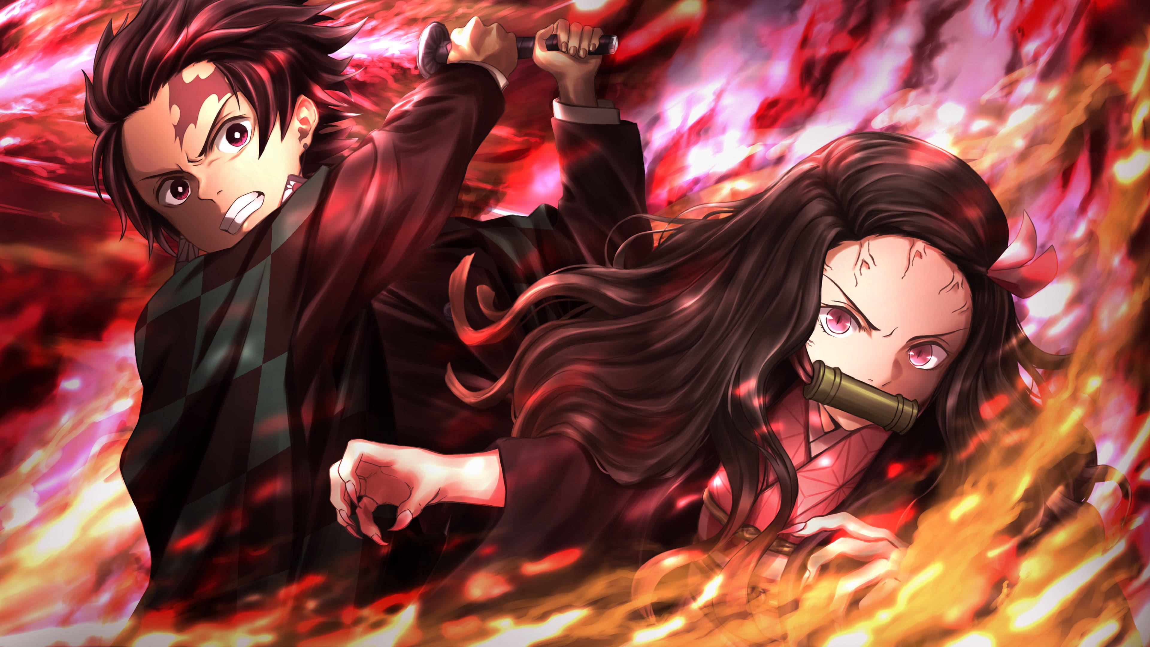 Fire Anime 桌布 壁紙 — 兩位動漫戰士在熾熱的戰鬥中激烈碰撞，表情強烈，動作動感，背景是熊熊燃燒的紅色和橙色。