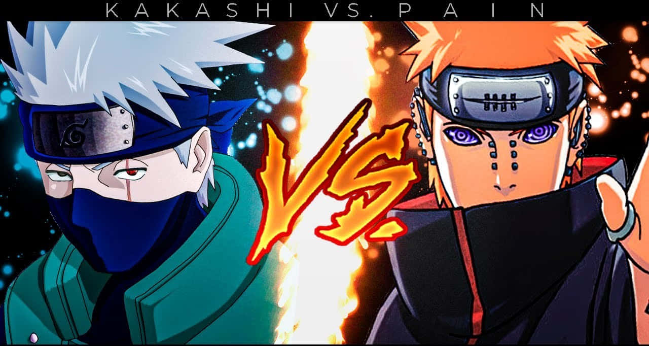 Kakashi And Pain 桌布 壁紙 — 兩位動漫戰士在熾熱的戰鬥場景中對峙，眼睛發光，燈光戲劇化。