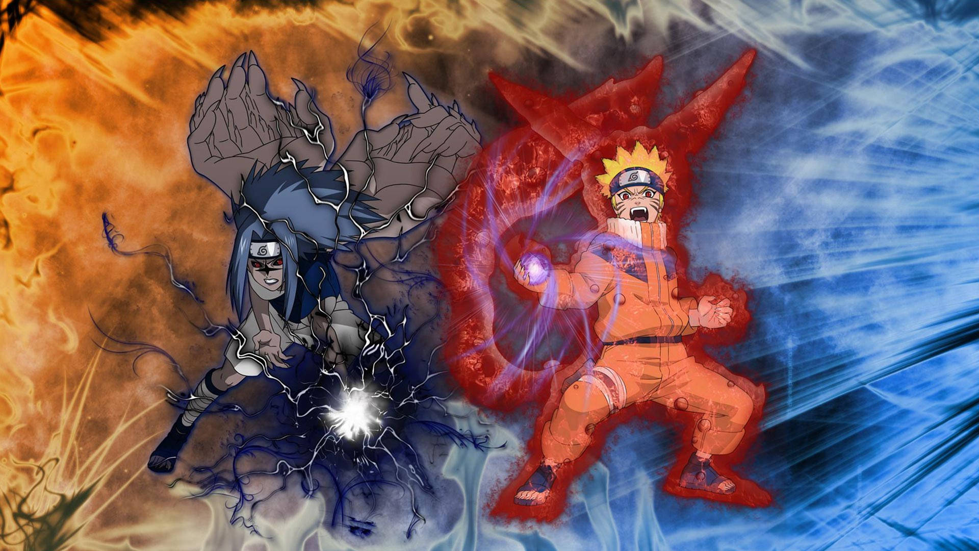 Naruto And Sasuke 桌布 壁紙 — 兩位動漫戰士在熾熱的橙色和冰冷的藍色風暴中碰撞，其間有噼啪作響的能量。