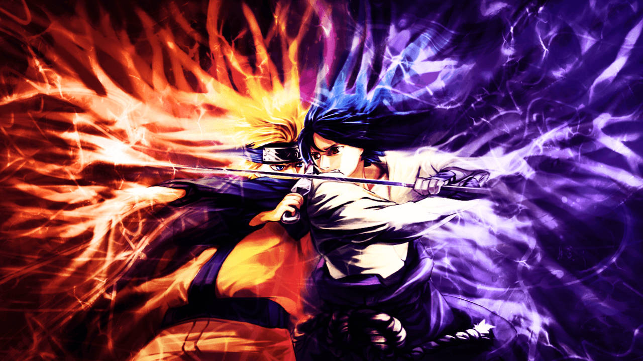 Sasuke Vs Naruto 桌布 壁紙 — 兩位動漫戰士在熾熱的橙色和電光紫色的能量風暴中揮劍激烈交鋒，專注力極強。