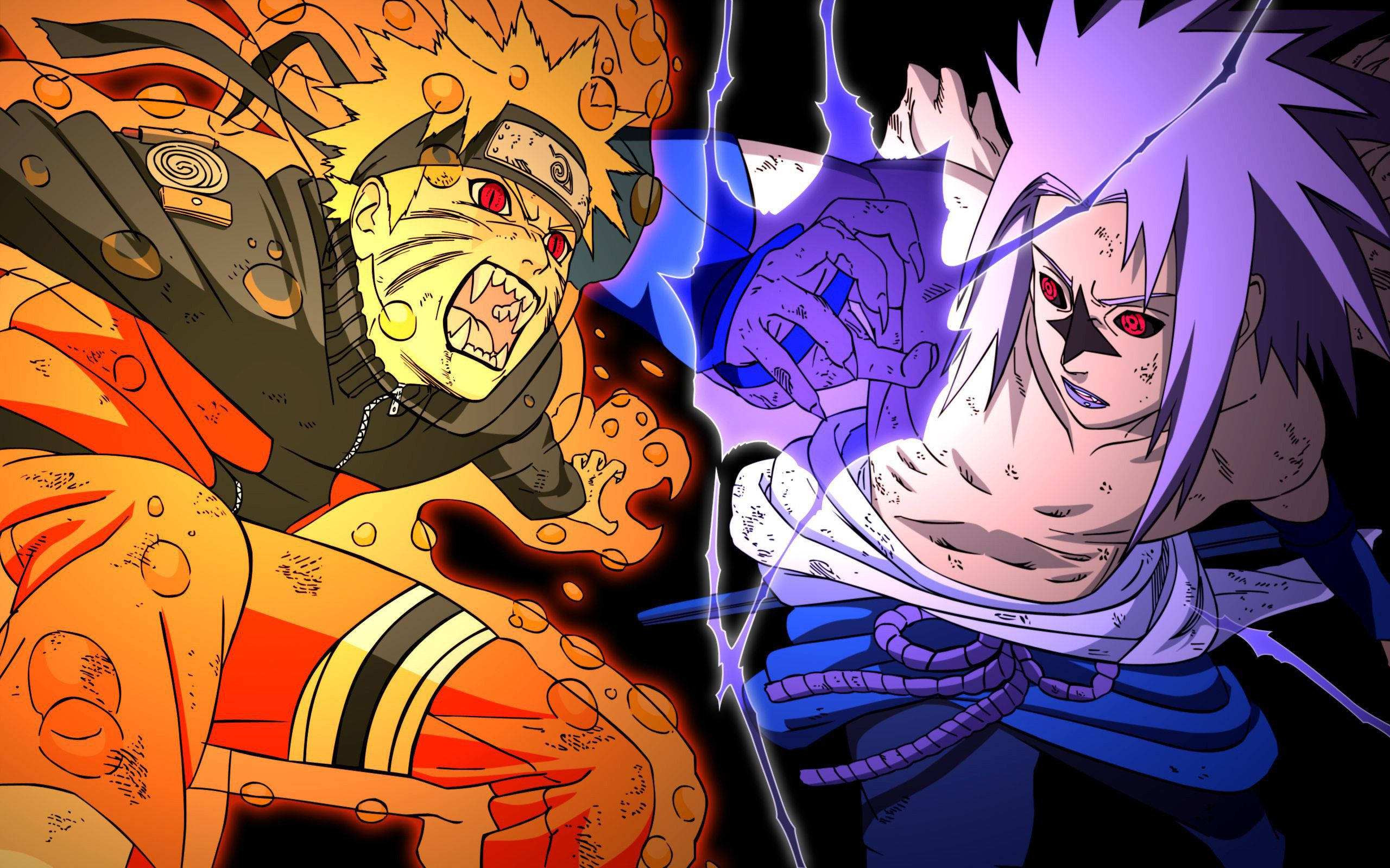 Naruto And Sasuke 桌布 壁紙 — 兩位動漫戰士在熾熱的橙色和電光藍色能量中碰撞，面孔因戰鬥的憤怒而扭曲。
