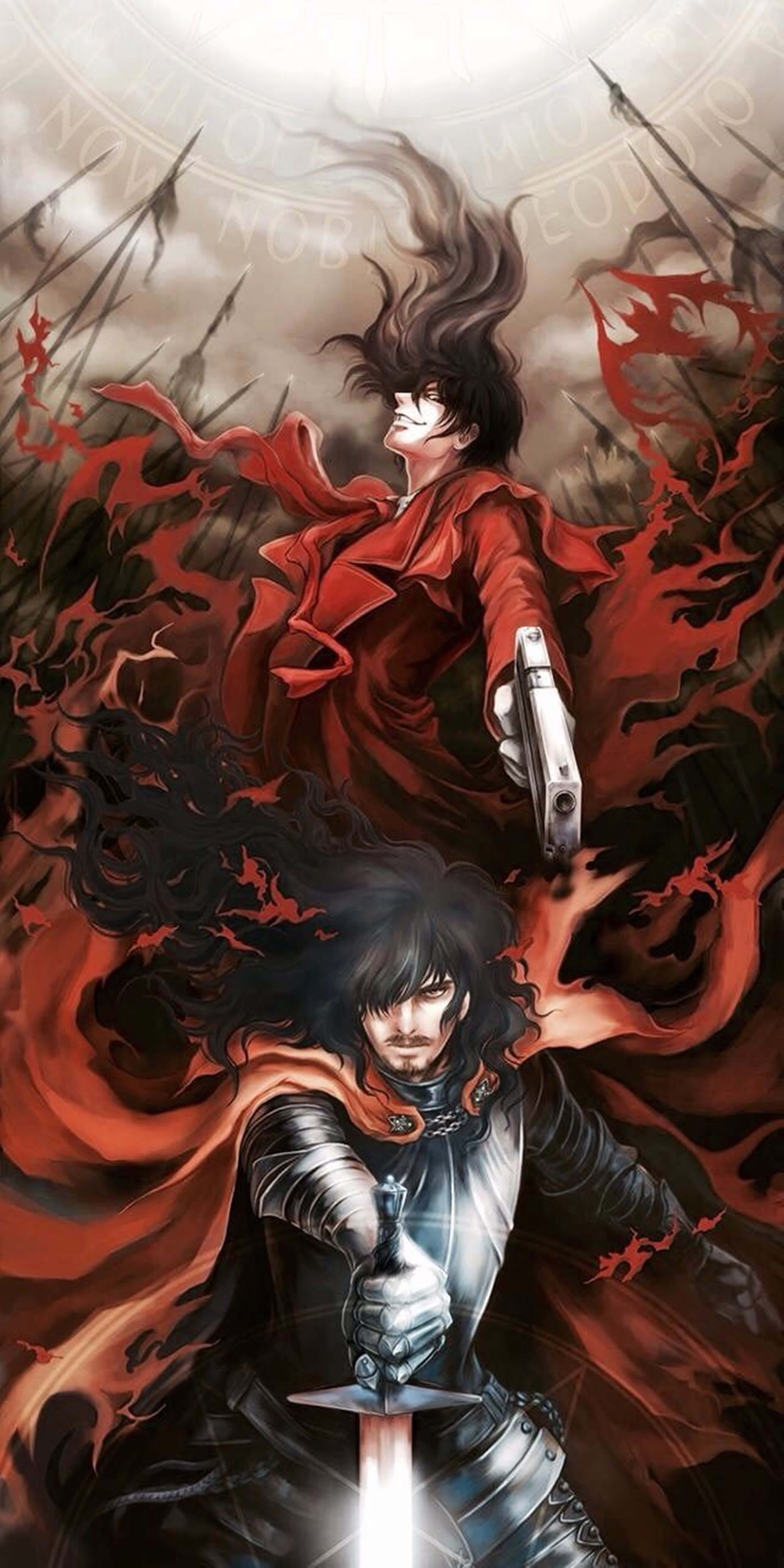 Hellsing Ultimate 4K 桌布 壁紙 — 兩位動漫戰士在熾熱的紅色混亂中交鋒，一位身穿紅色外套手持手槍，另一位身穿黑色盔甲手持發光劍。