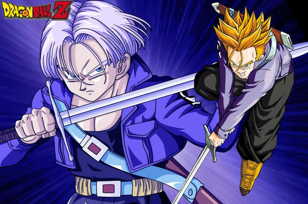 Trunks 桌布 壁紙 — 兩位動漫戰士在燦爛的藍色背景下進行動態的劍術對決。