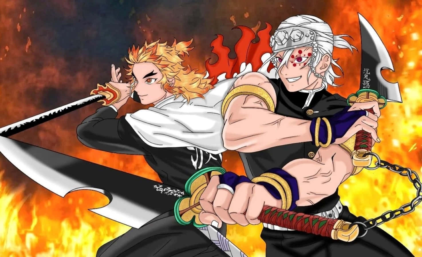 Rengoku And Tengen 桌布 壁紙 — 兩位動漫戰士在爆炸性的火焰和激烈的表情中，用劍進行激烈的戰鬥。