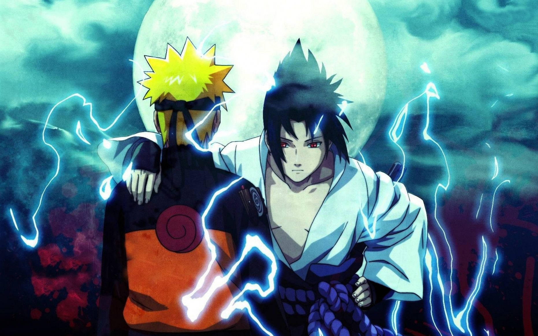 Naruto Gucci 桌布 壁紙 — 兩位動漫戰士在發光的月亮下背靠背站立，周圍環繞著劈啪作響的藍色閃電。