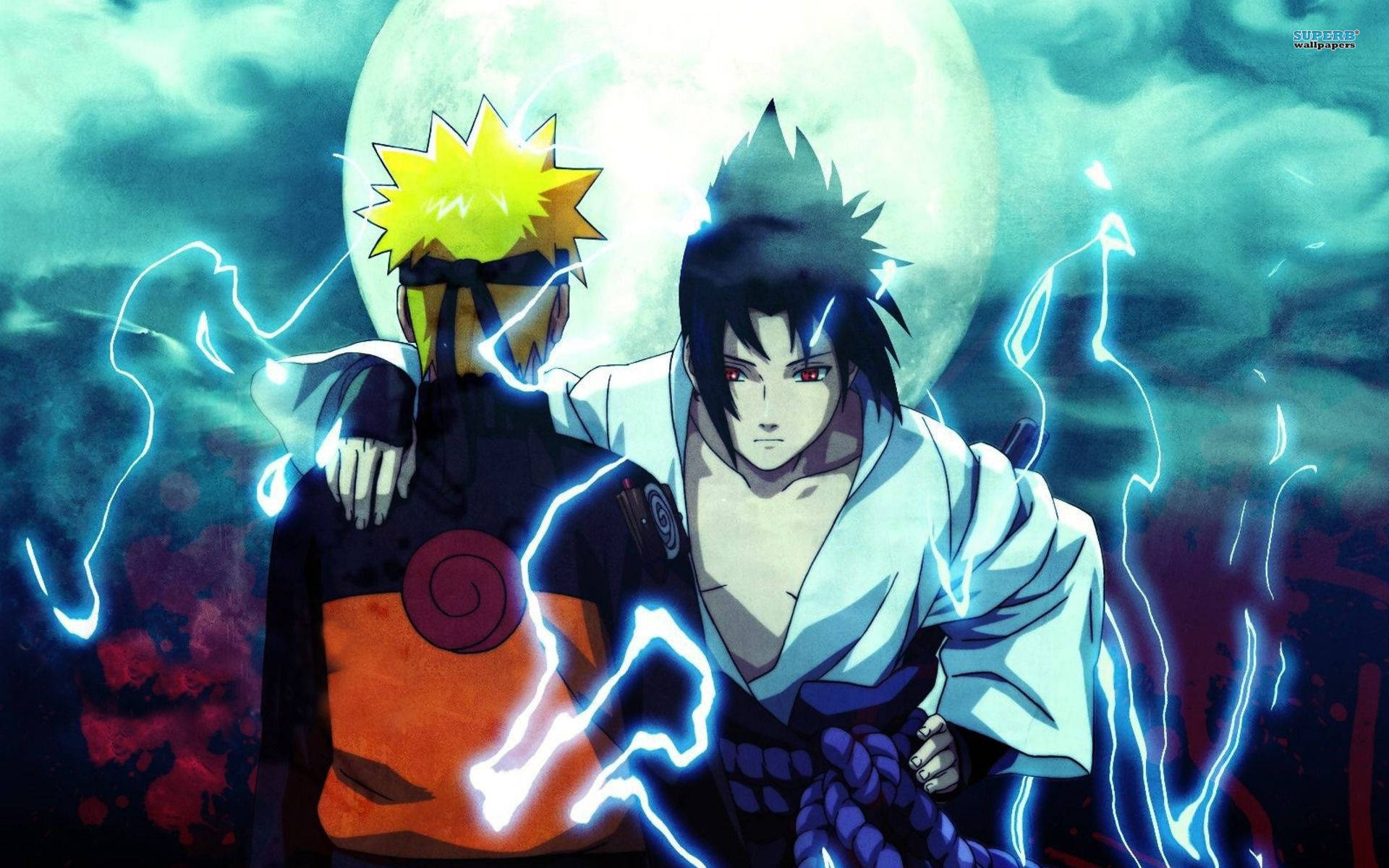 兩位動漫忍者角色在滿月下背靠背站立，周圍有閃電。 — 酷 naruto 壁紙