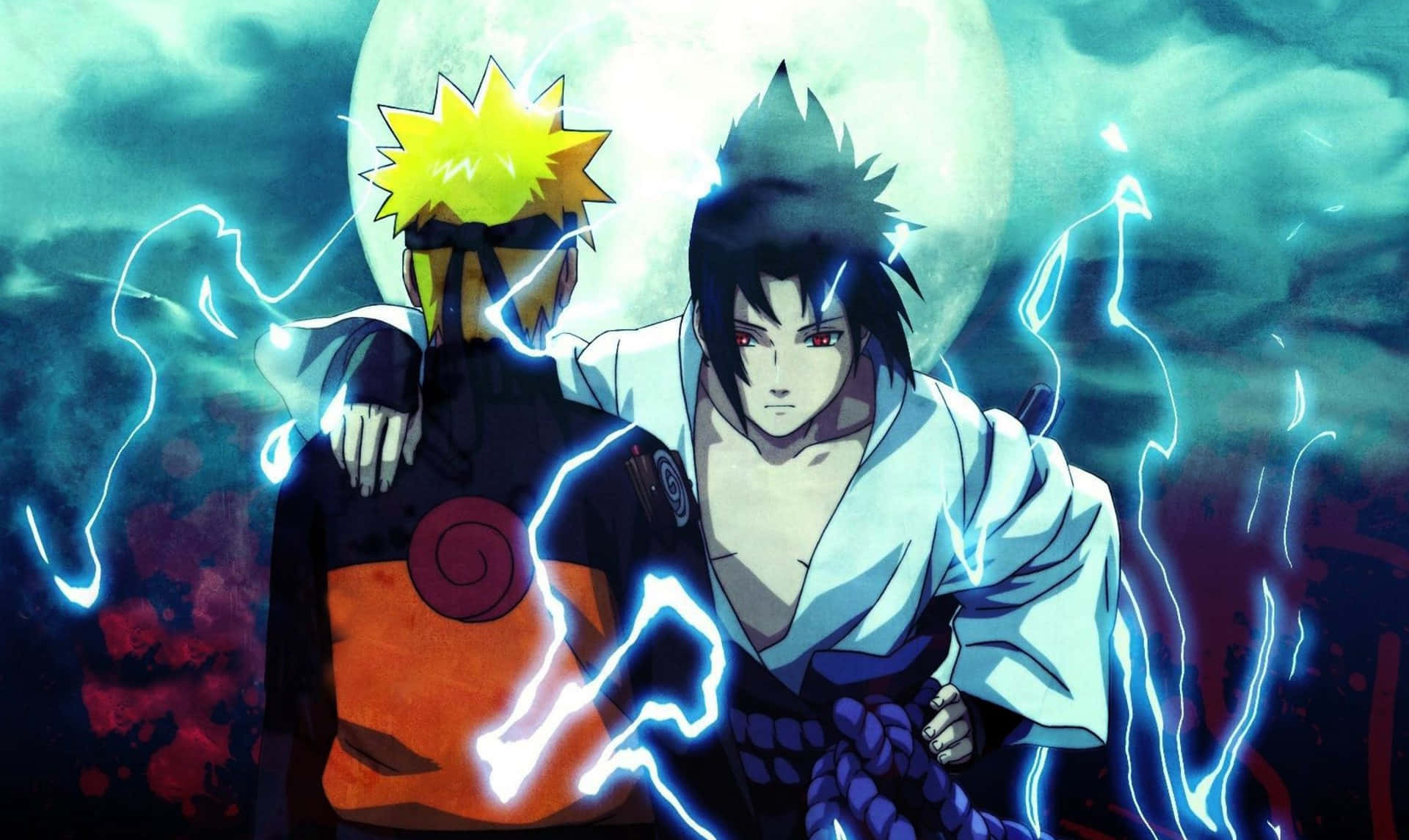 Naruto Anime 桌布 壁紙 — 兩位動漫戰士在發光的月亮下背靠背站立，周圍環繞著劈啪作響的藍色閃電。