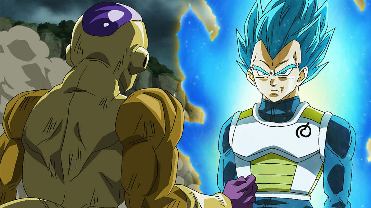Vegeta And Frieza 桌布 壁紙 — 兩位動漫戰士在發光的能量和岩石地形中進行戲劇性的戰鬥場景。