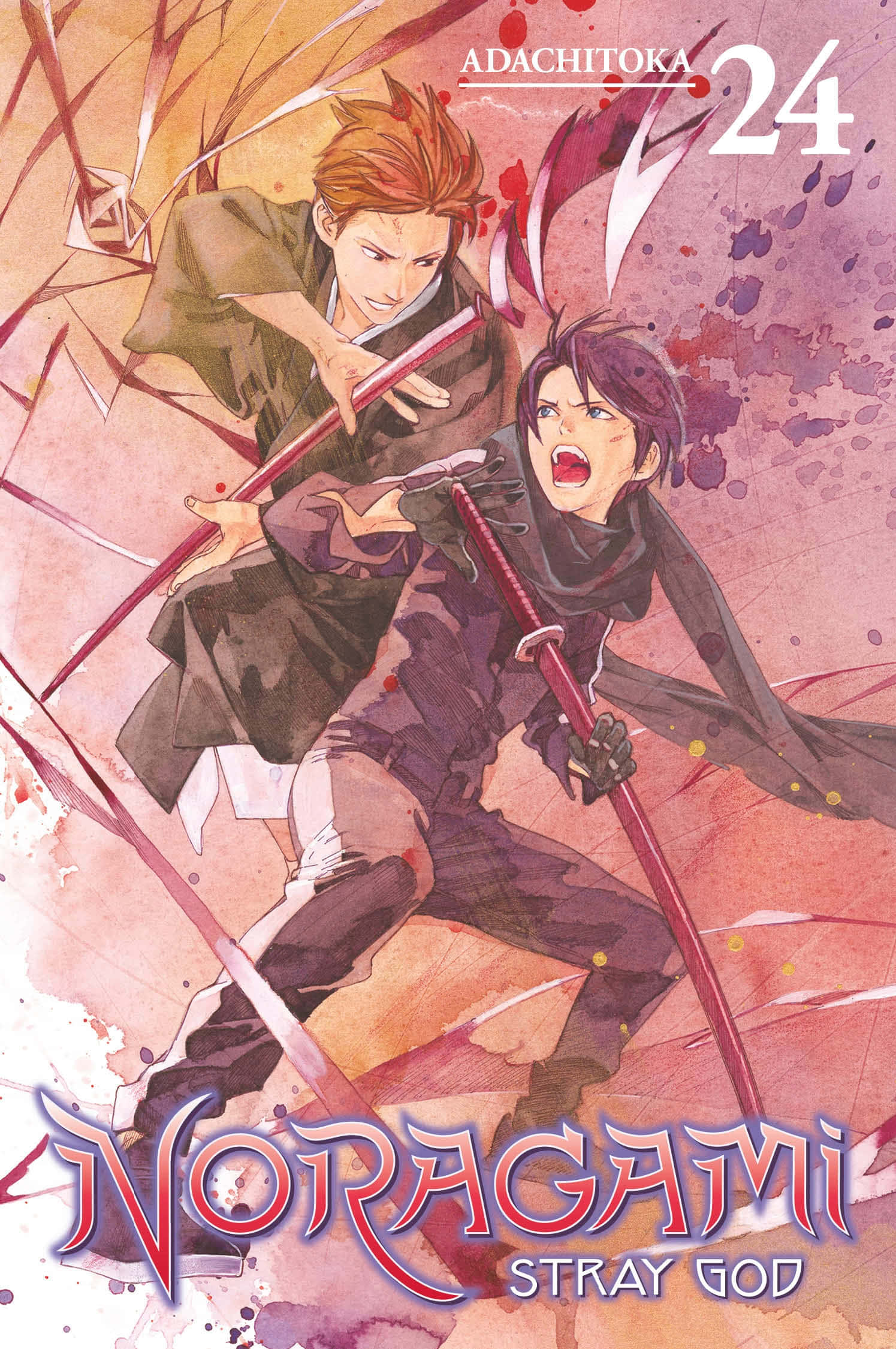 Noragami 桌布 壁紙 — 兩位動漫戰士在破碎玻璃效果和鮮豔的紅色與紫色中揮劍交鋒。
