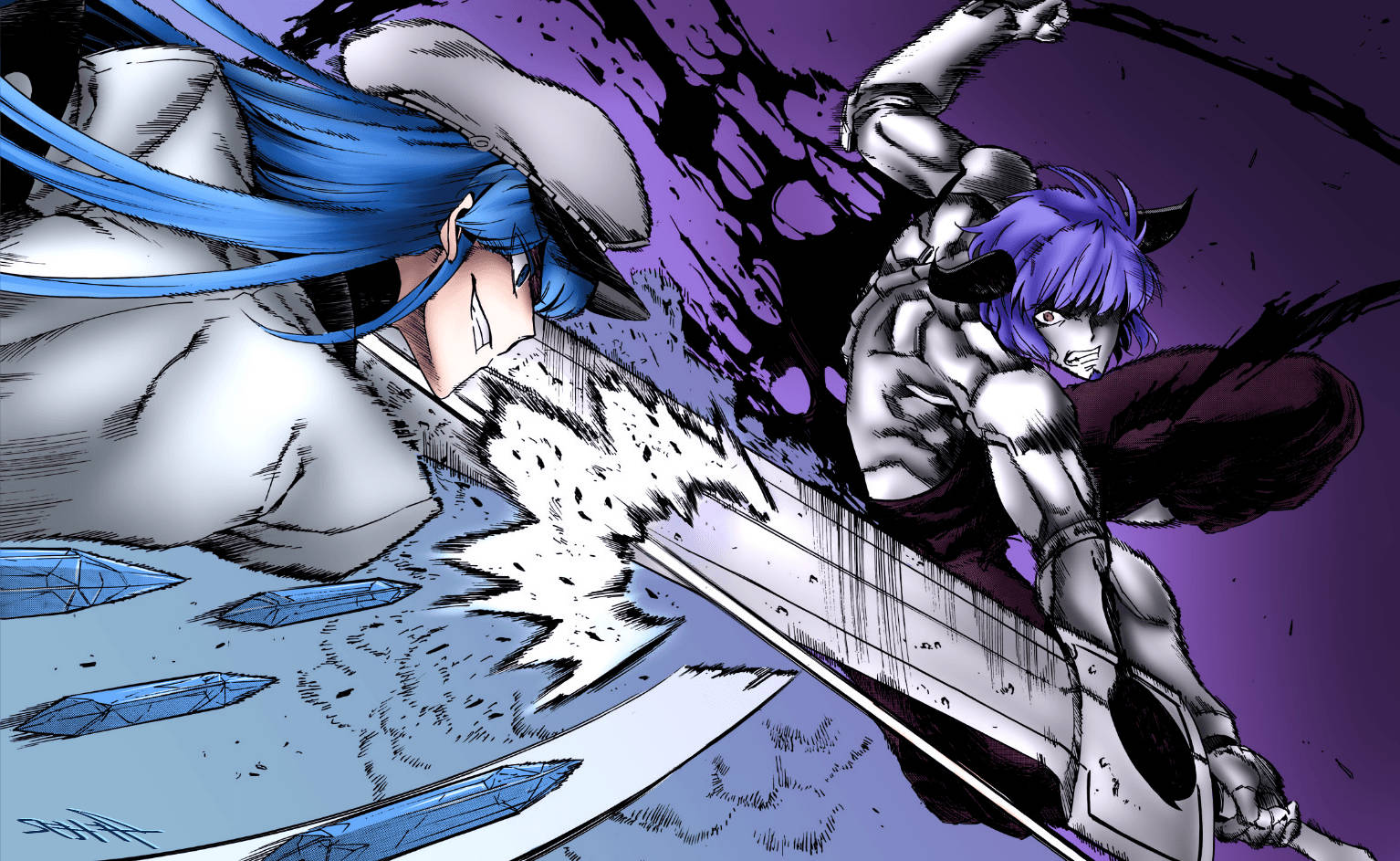 Esdeath 桌布 壁紙 — 兩位動漫戰士在破碎的冰塊和紫色能量爆發中，用劍進行激烈的戰鬥。