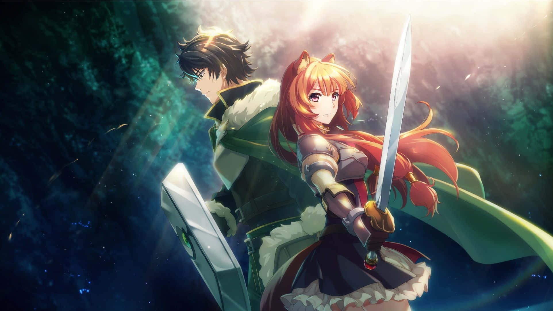 Shield Hero 桌布 壁紙 — 兩位動漫戰士在神秘森林中準備就緒，發光的光線穿過樹木。