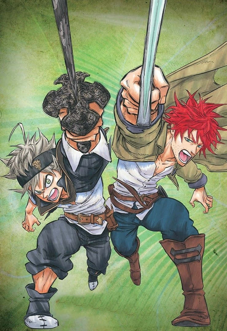 Black Clover Anime 桌布 壁紙 — 兩位動漫戰士在空中交鋒，背景為充滿活力的綠色，並帶有動態運動線條。