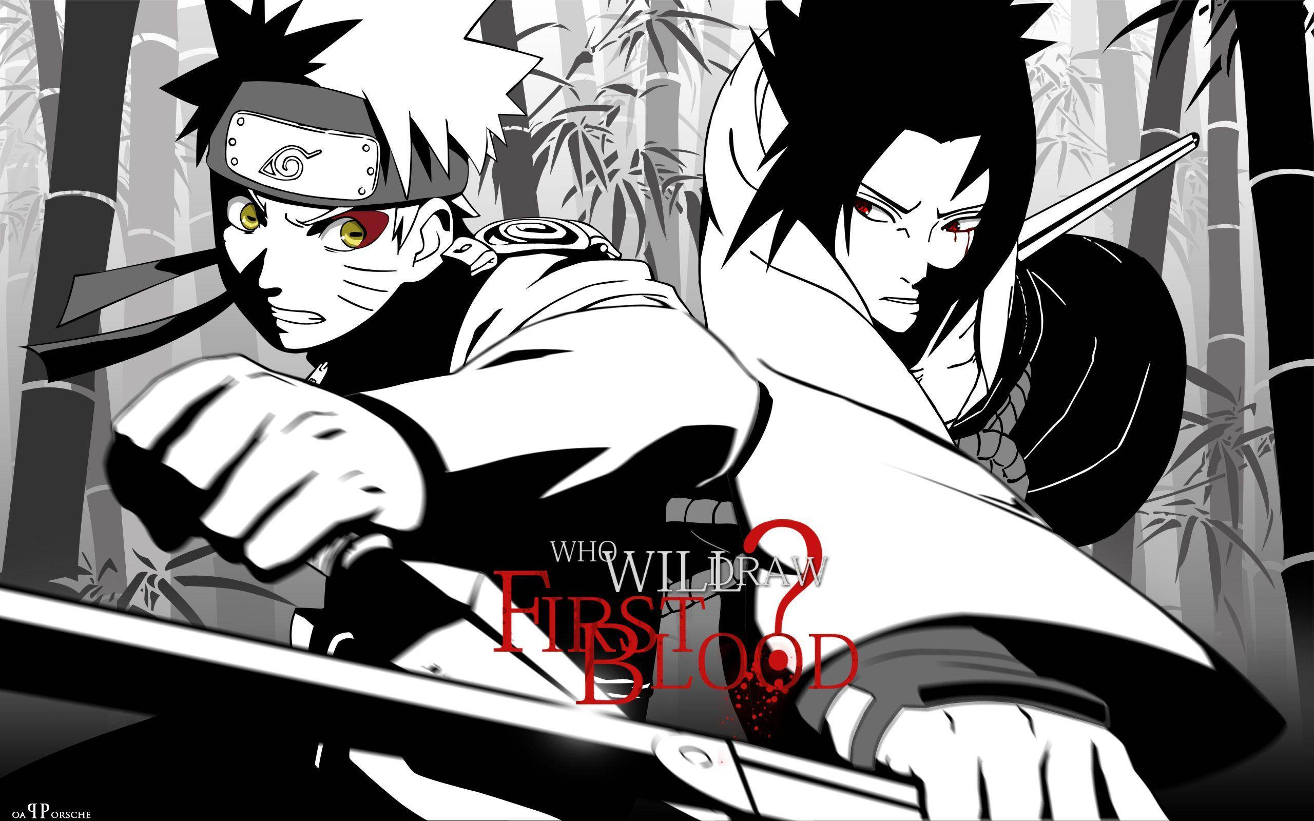 Sasuke Vs Naruto 桌布 壁紙 — 兩位動漫戰士在竹林中交鋒，紅色文字問誰會先流血。