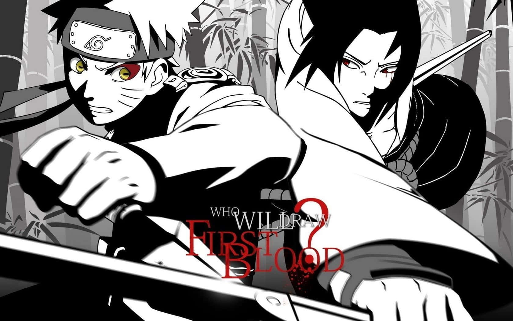 Naruto Manga 桌布 壁紙 — 兩位動漫戰士在竹林交鋒，紅色文字問誰會先流血。