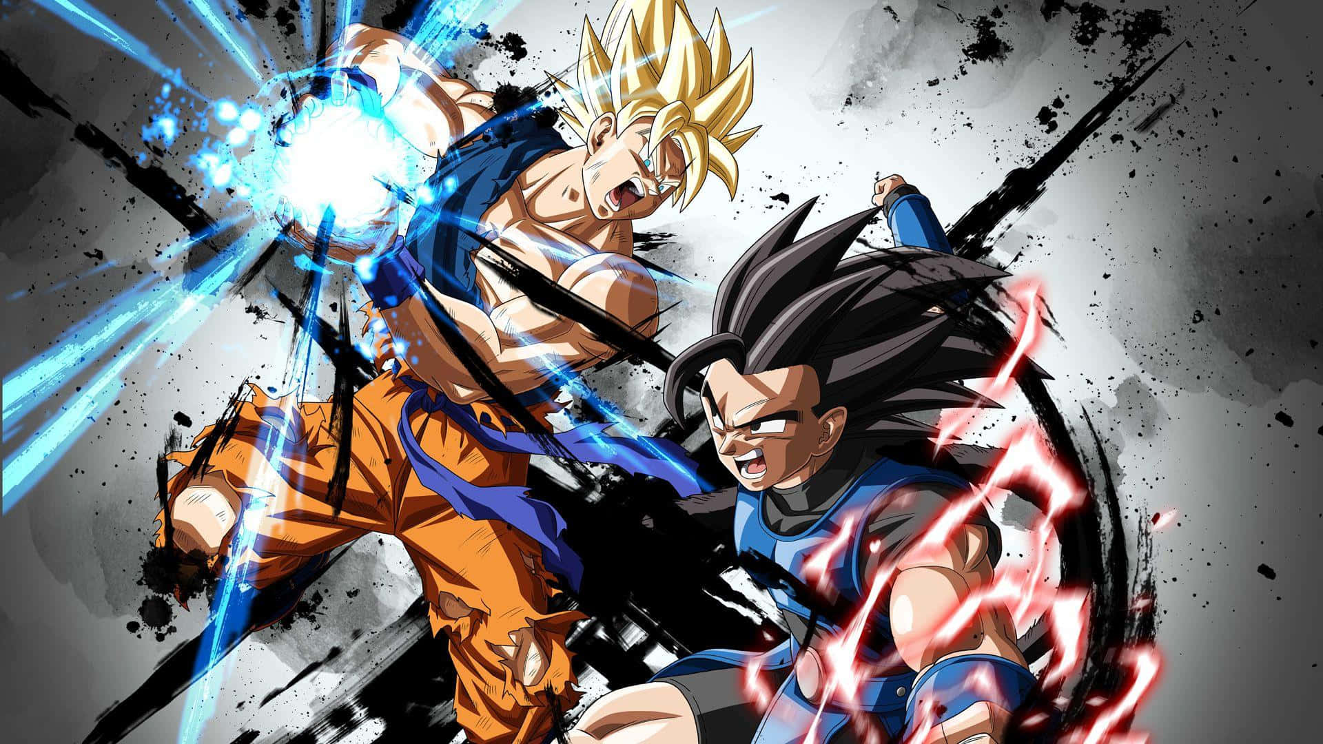 Dragon Ball Legends 桌布 壁紙 — 兩位動漫戰士在粗糙的黑白背景下，以藍色和紅色的能量爆炸進行動態戰鬥。