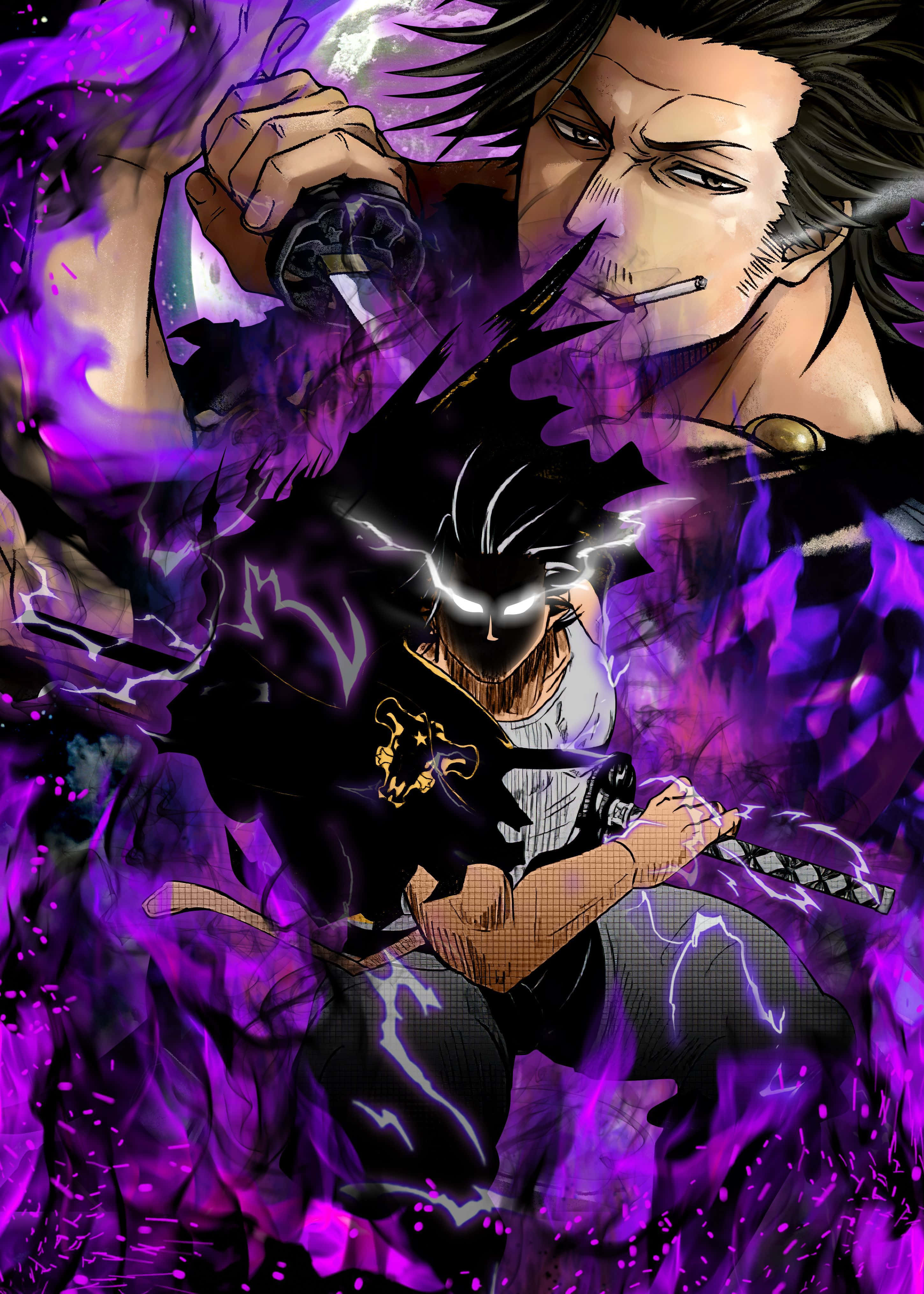 Black Clover Yami 桌布 壁紙 — 兩位動漫戰士在紫色能量與閃電的風暴中激烈交鋒，表情猙獰，刀劍出鞘。