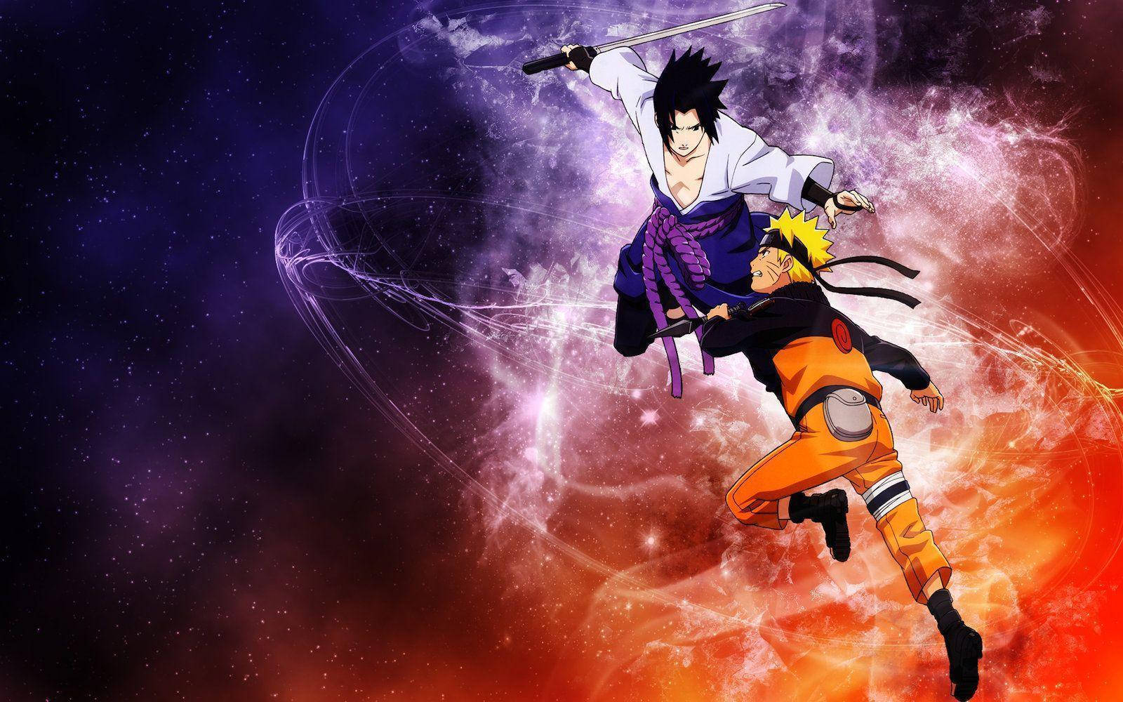 Sasuke Vs Naruto 桌布 壁紙 — 兩位動漫戰士在紫色與火橙色能量漩渦的宇宙背景下於空中交鋒。