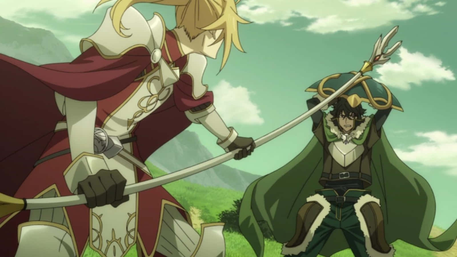 Shield Hero 桌布 壁紙 — 兩位動漫戰士在草地上揮劍交鋒，天空多雲，遠山可見。