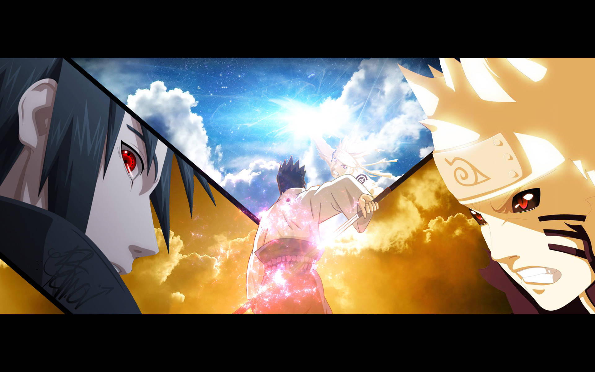 Naruto And Sasuke 桌布 壁紙 — 兩位動漫戰士在藍色和金色雲層分裂的天空下，面對一個發光的中央人物。
