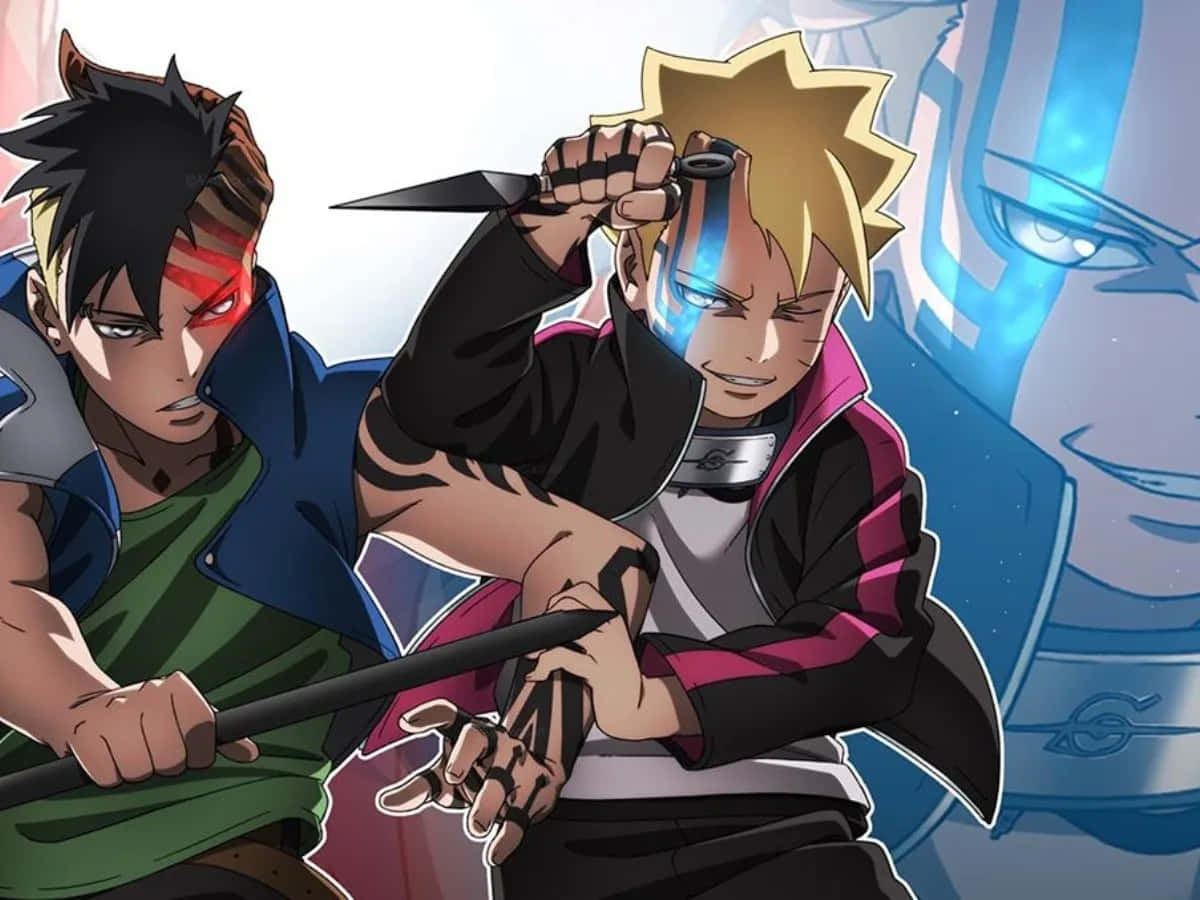 Boruto Vs Kawaki 桌布 壁紙 — 兩位動漫戰士在藍色面具人物背景下，以苦無刀和發光的眼睛進行動態戰鬥。