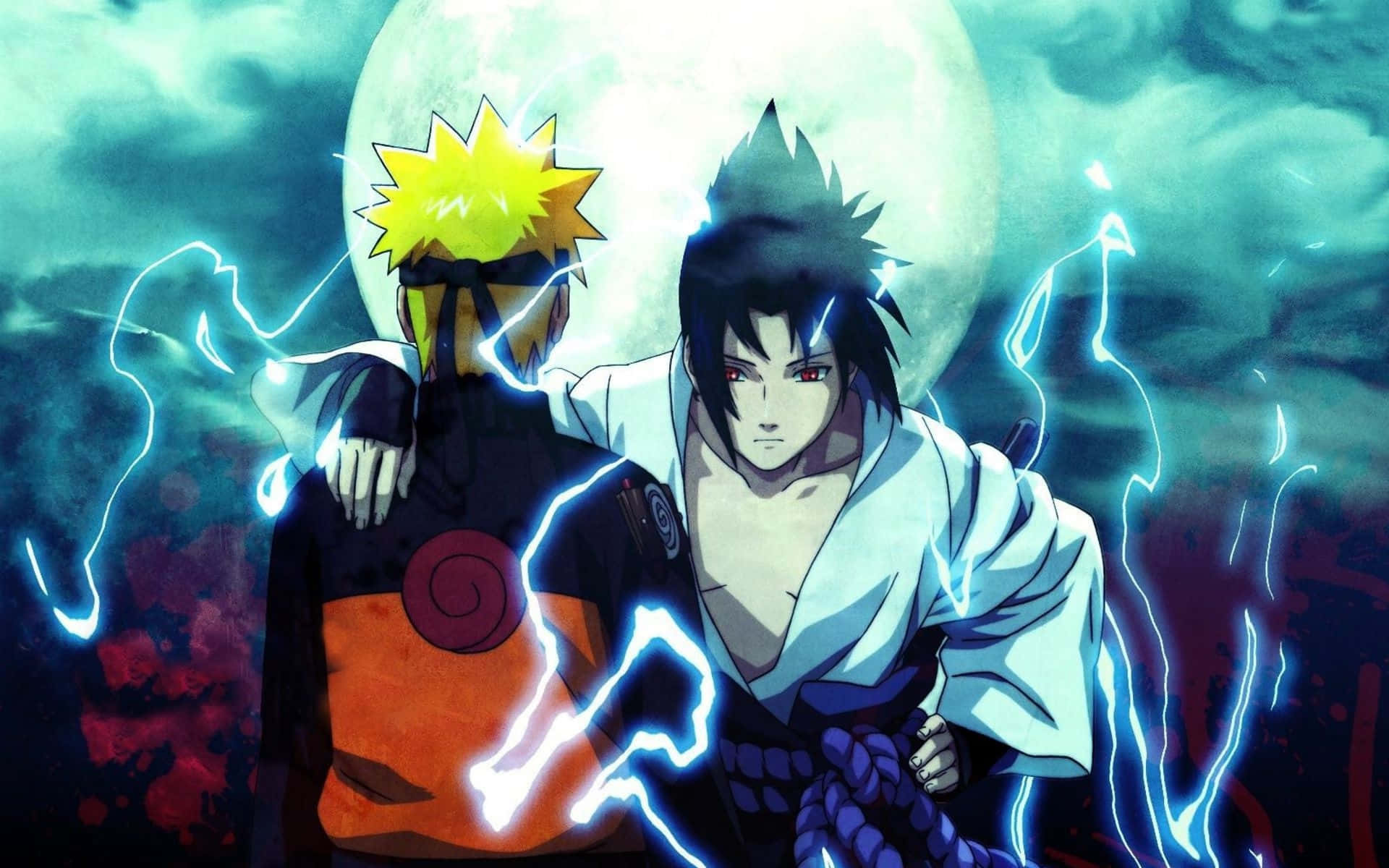 Dope Naruto 桌布 壁紙 — 兩位動漫戰士在閃爍的藍色閃電包圍的發光月亮下背靠背站立。