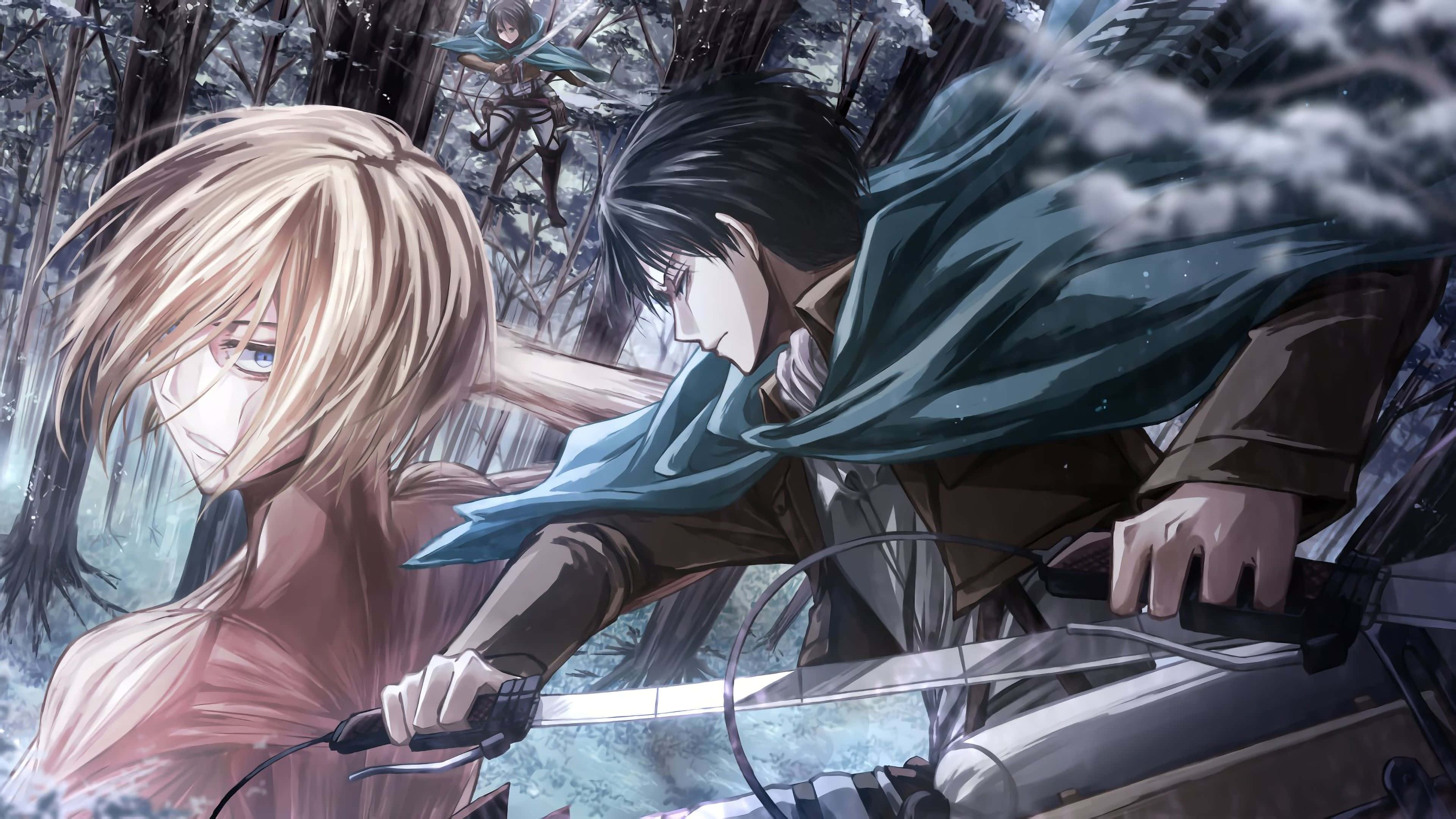 Female Titan 桌布 壁紙 — 兩位動漫戰士在雪地森林中交鋒，第三位人物從上方觀望。