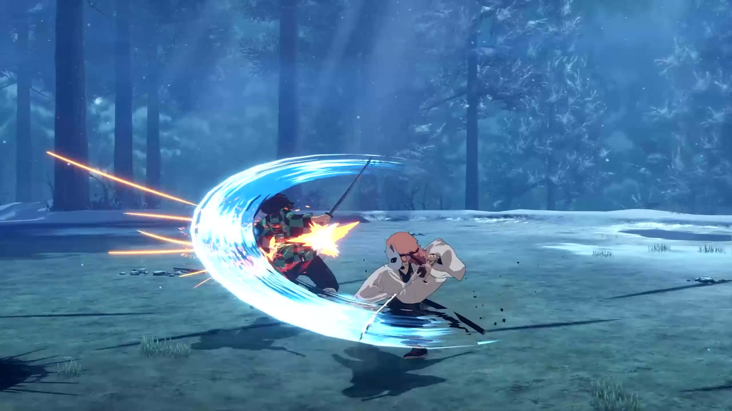 Demon Slayer Fight 桌布 壁紙 — 兩位動漫戰士在雪森林中交鋒，發光的藍色和橙色能量斬擊照亮了迷霧場景。