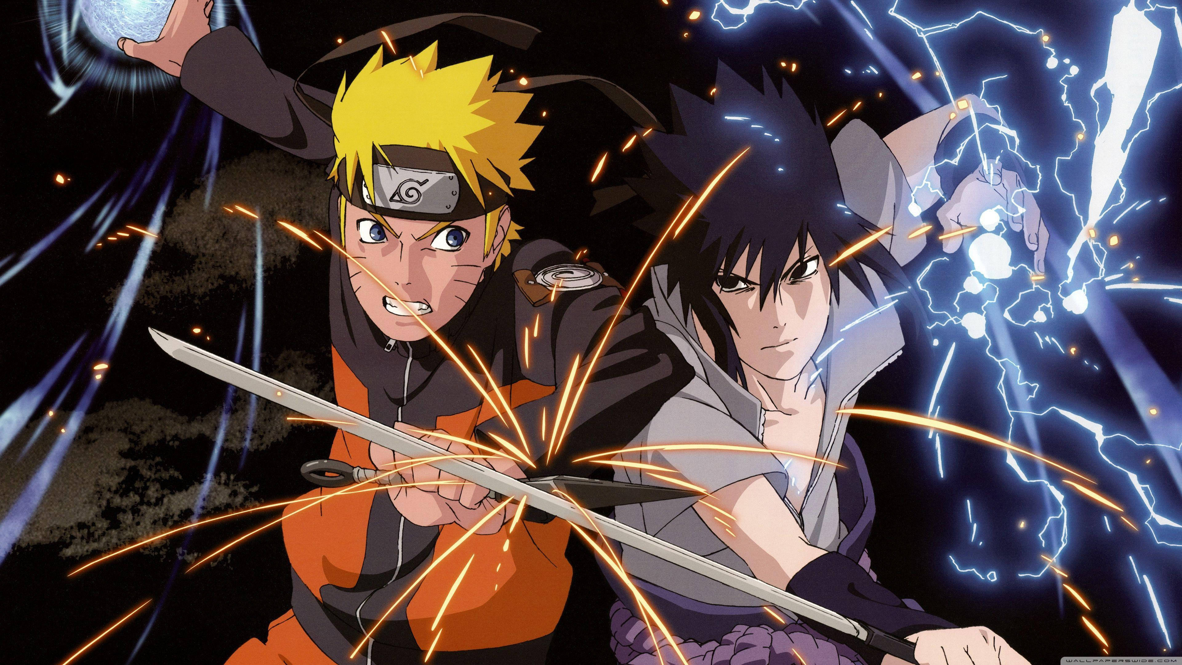 Sasuke Vs Naruto 桌布 壁紙 — 兩位動漫戰士在電光火花和發光查克拉中激烈交鋒，呈現出動態的戰鬥場景。