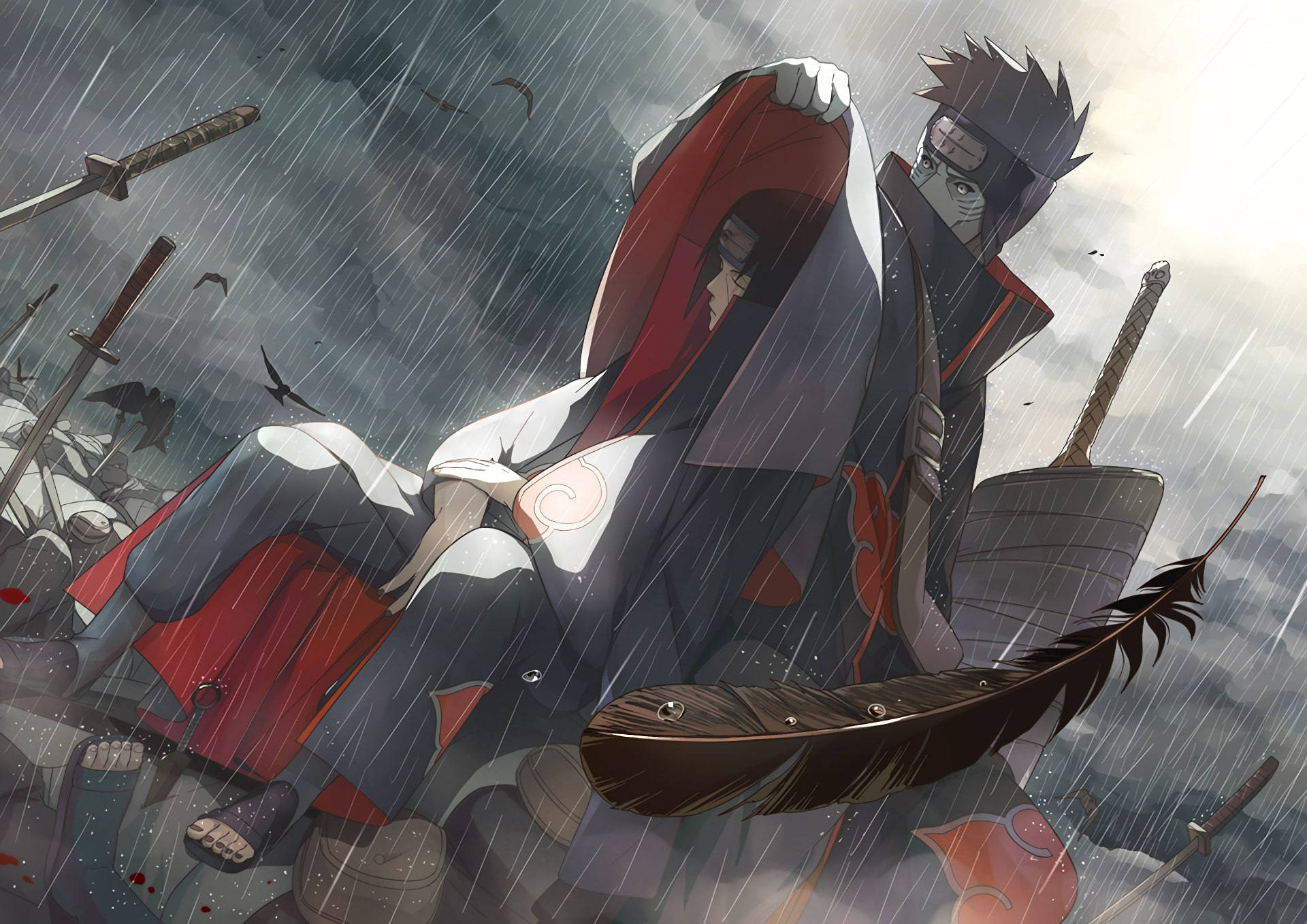 兩位動漫忍者戰士在雨中戰場上持劍和羽毛戰鬥。 — 曉 壁紙