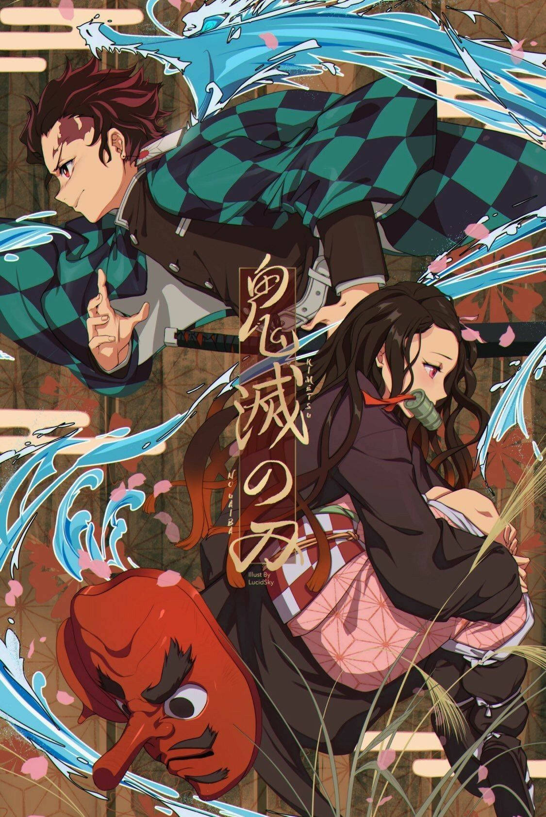 炭治郎 桌布 壁紙 — 兩位動漫戰士在飄落的櫻花和紅色惡魔面具中，以水屬性攻擊交鋒。