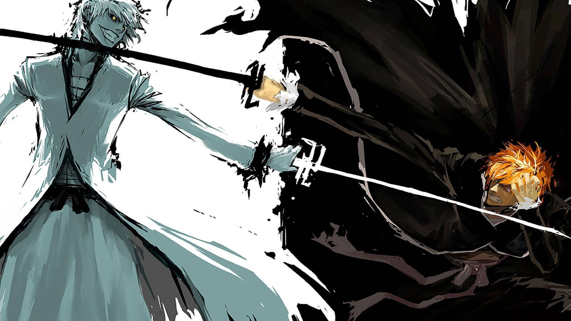 死神 桌布 壁紙 — 兩位動漫戰士在高度對比的戰鬥中拔劍相向，動態線條流暢。
