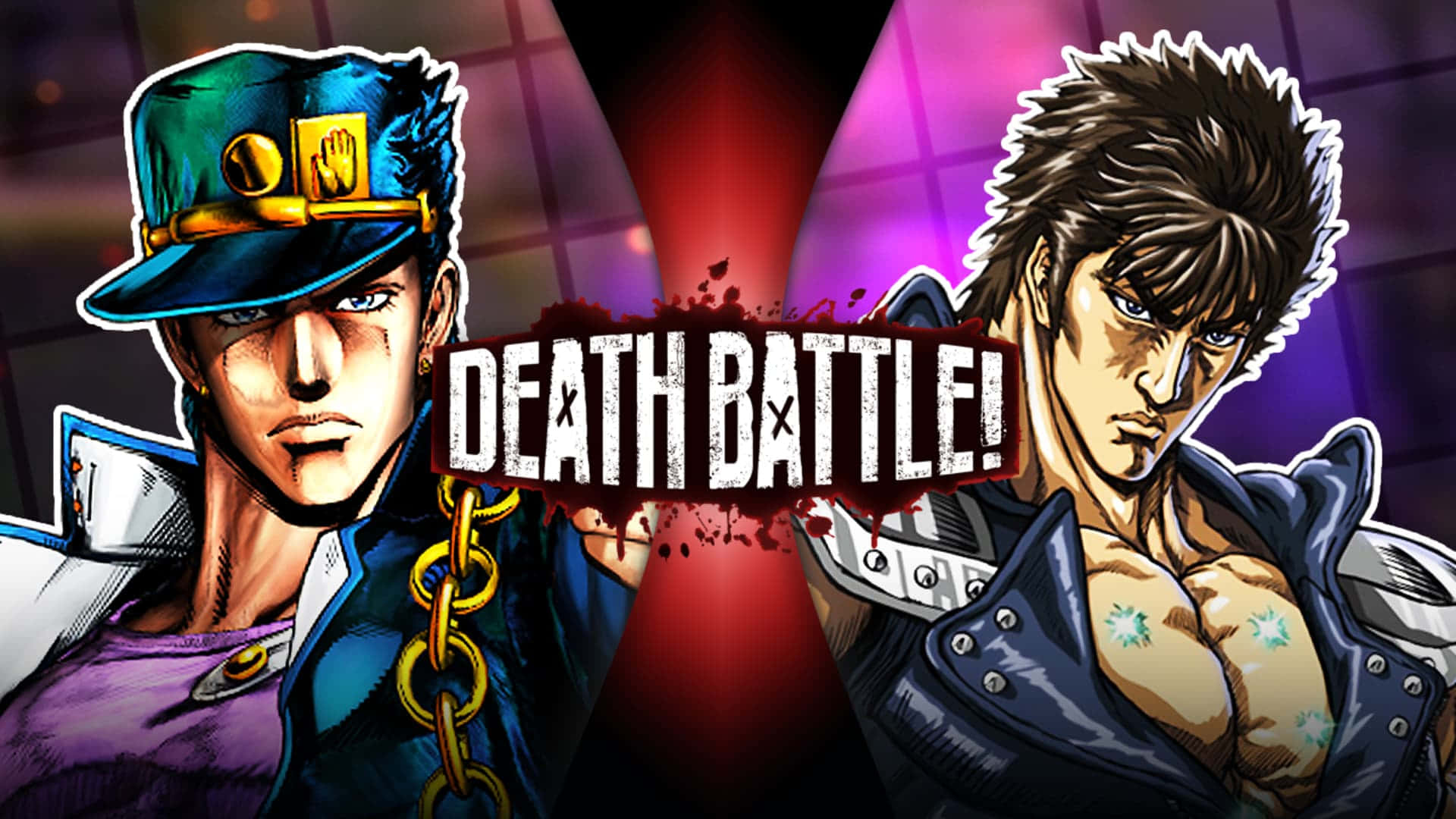 Jotaro 桌布 壁紙 — 兩位動漫戰士在鮮豔的紅紫背景前，以強烈的表情對峙。