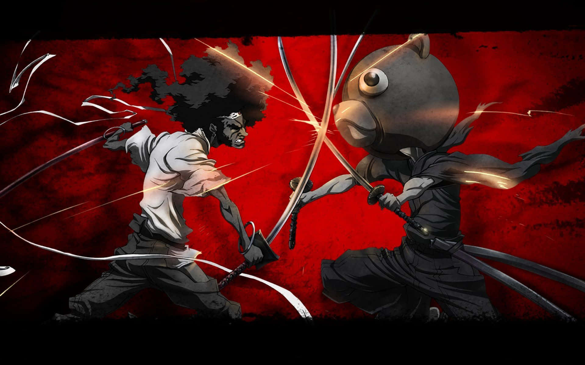 Afro Samurai 桌布 壁紙 — 兩位動漫戰士在鮮豔的紅色紋理背景上進行動態的劍擊戰鬥。