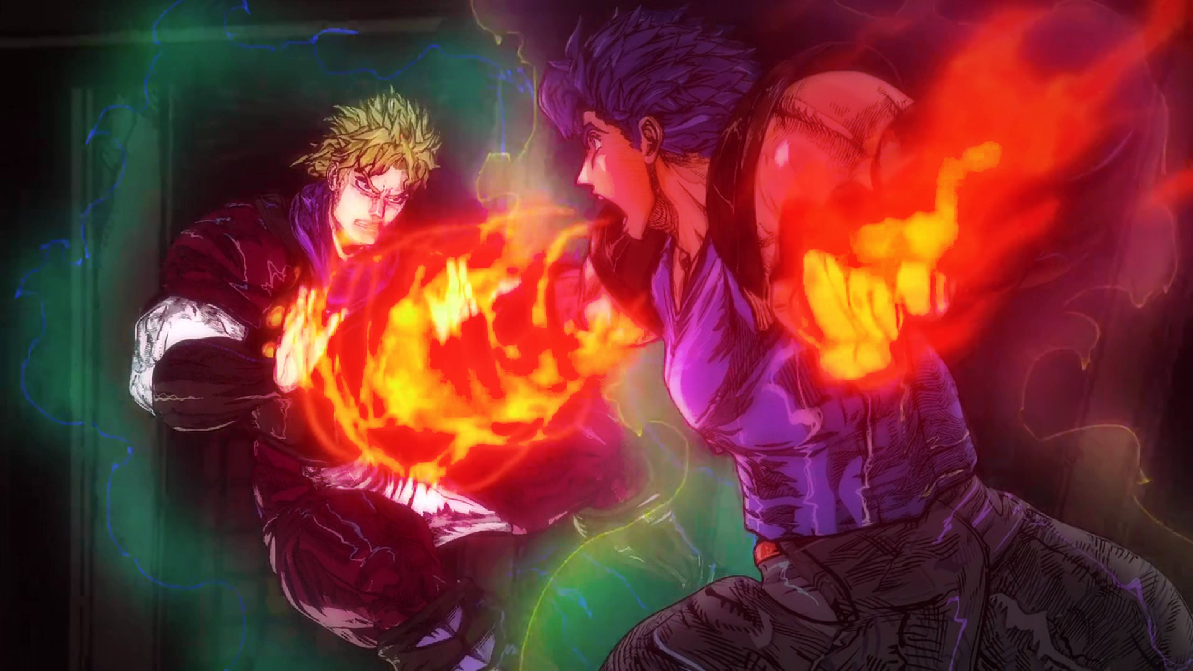 jojo 4K 桌布 壁紙 — 兩位動漫戰士在黑暗、帶電的競技場中以熾熱的能量爆炸碰撞。