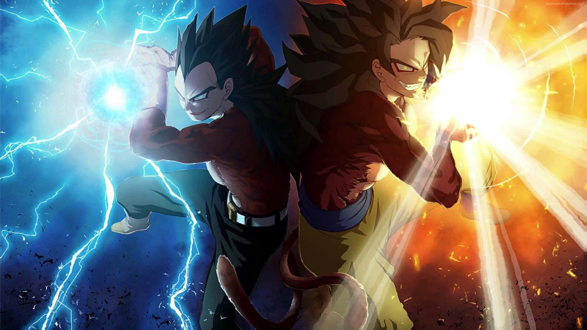 Cool Vegeta 桌布 壁紙 — 兩位動漫戰士在黑暗宇宙背景下，拳頭迸發藍色閃電和金色能量，展開一場動態戰鬥。