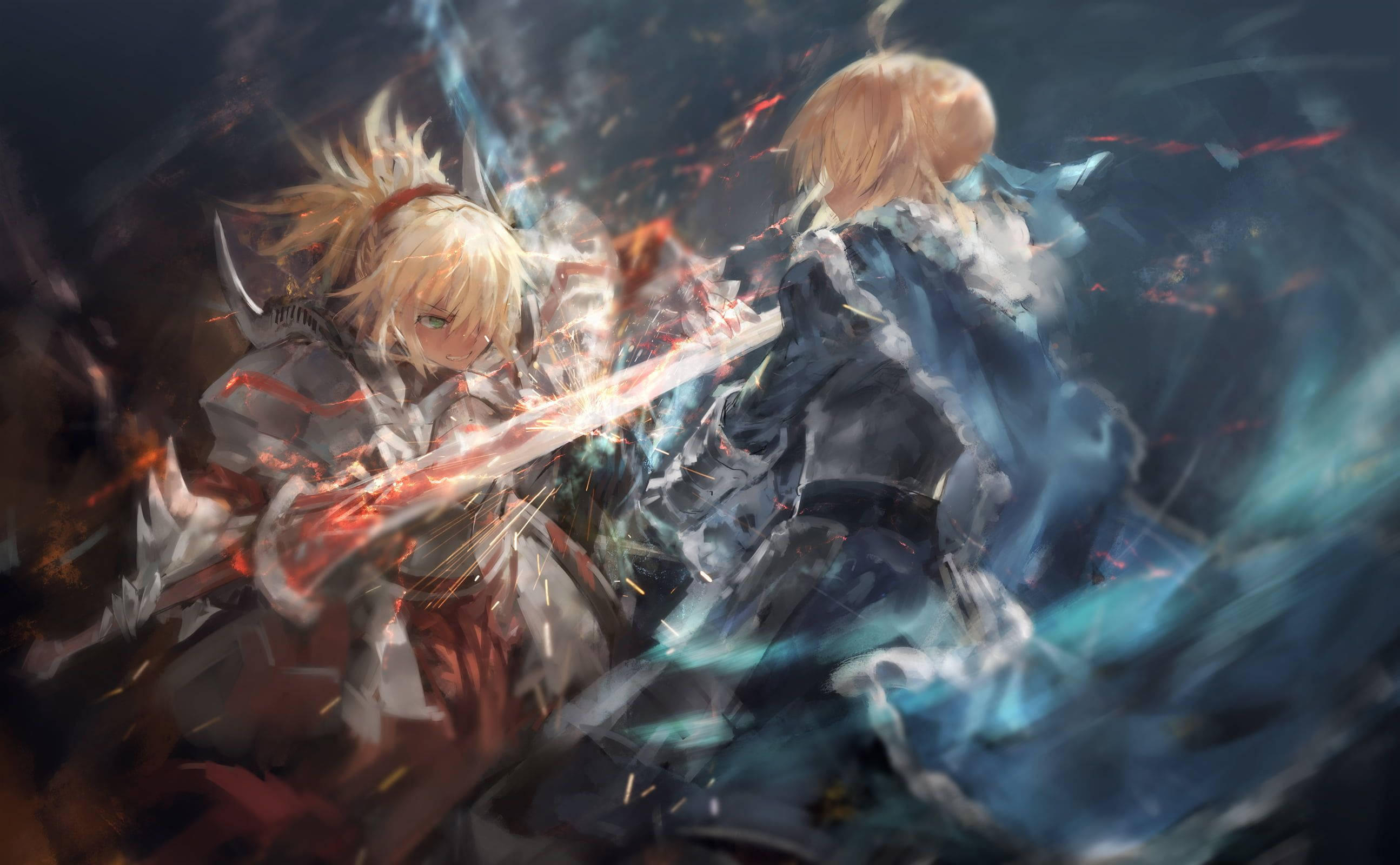 Fate/Grand Order 桌布 壁紙 — 兩位動漫戰士在黑暗旋轉的背景中激烈交鋒，劍刃碰撞，火花四濺。