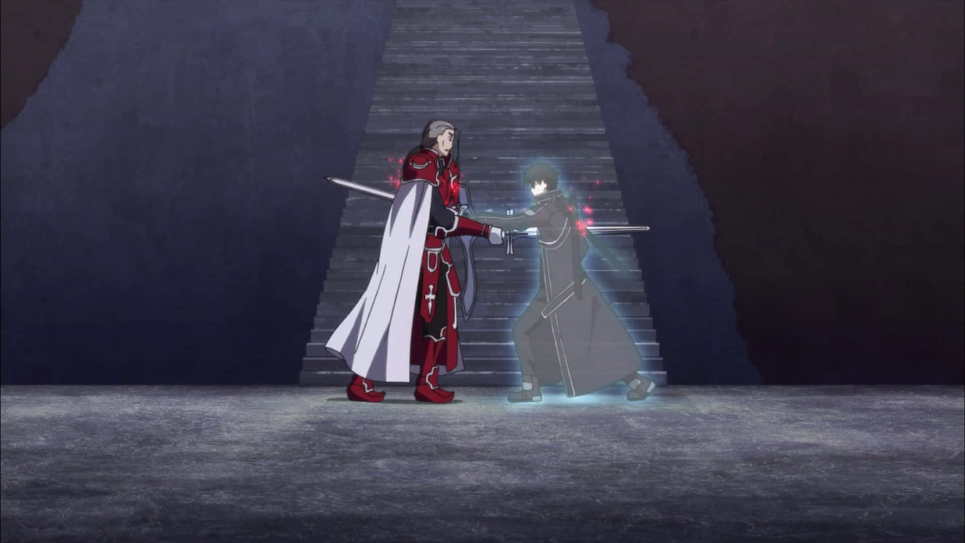 Sword Art Online Heathcliff 桌布 壁紙 — 兩位動漫戰士在黑暗洞穴般的空間中的石階上刀劍相擊，伴隨著發光的魔法效果。
