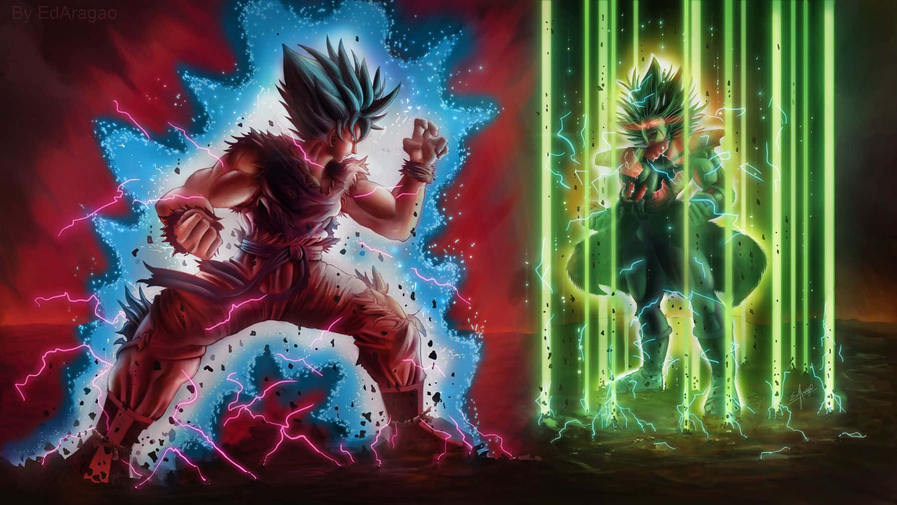 Dragon Ball Z Broly 桌布 壁紙 — 兩位動漫戰士在黑暗背景下，伴隨著電能爆發和發光光環，展開一場充滿活力的戰鬥場景。